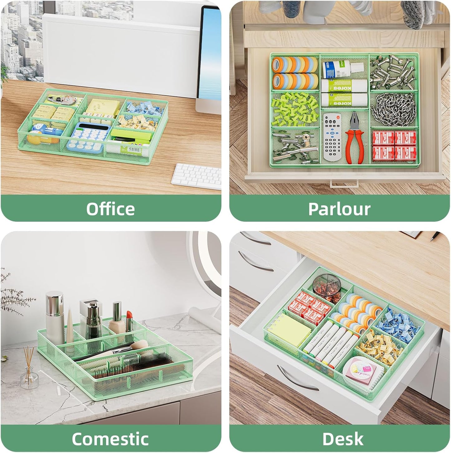 Marbrasse Desk Drawer Organizer, Metal Mesh Drawer Organizer Tray with 5 Adjustable Compartments,Desk Organizers and Accessories for Home,Office,Kitchen,Makeup,Vanity (Green)