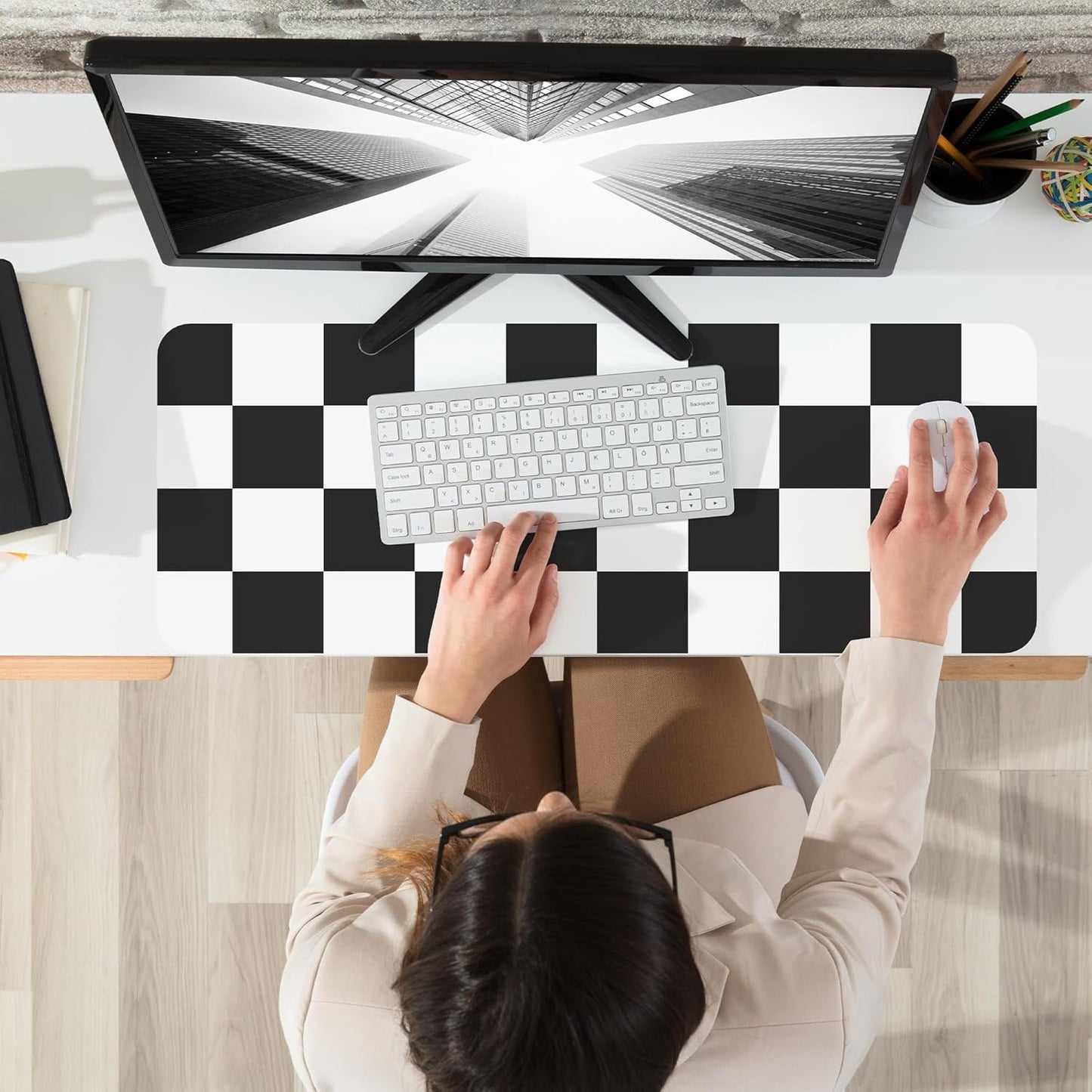 Non-Slip Checkered Desk Mat, Waterproof PU Leather Protector, Large Blotter, Easy Clean Laptop Writing Mat for Work/Home/Decor (31.5"x12", White Black)