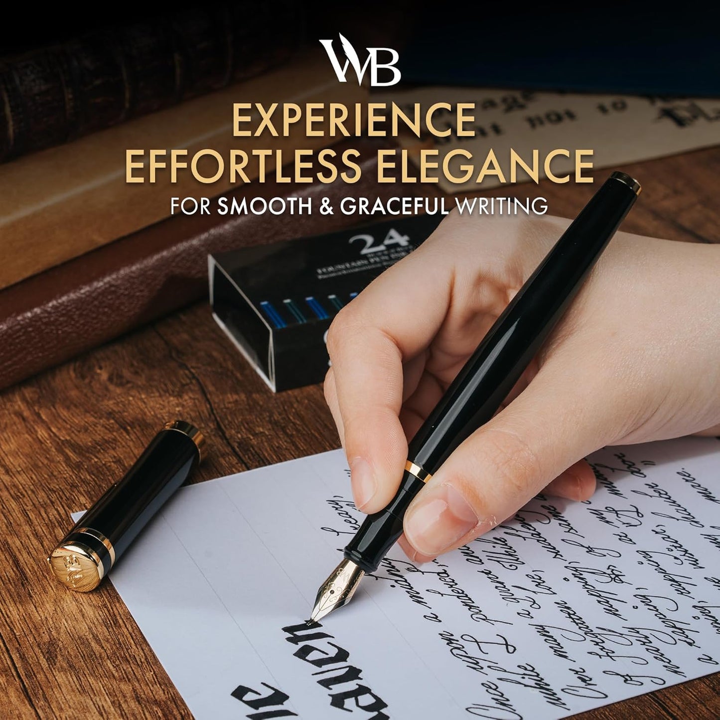 Wordsworth & Black Fountain Pen Set, 18K Gilded Bent Nib, Includes 24 Pack Ink Cartridges, Ink Refill Converter & Gift Box, Gold Finish, Calligraphy, [Black Gold], Perfect for Men & Women