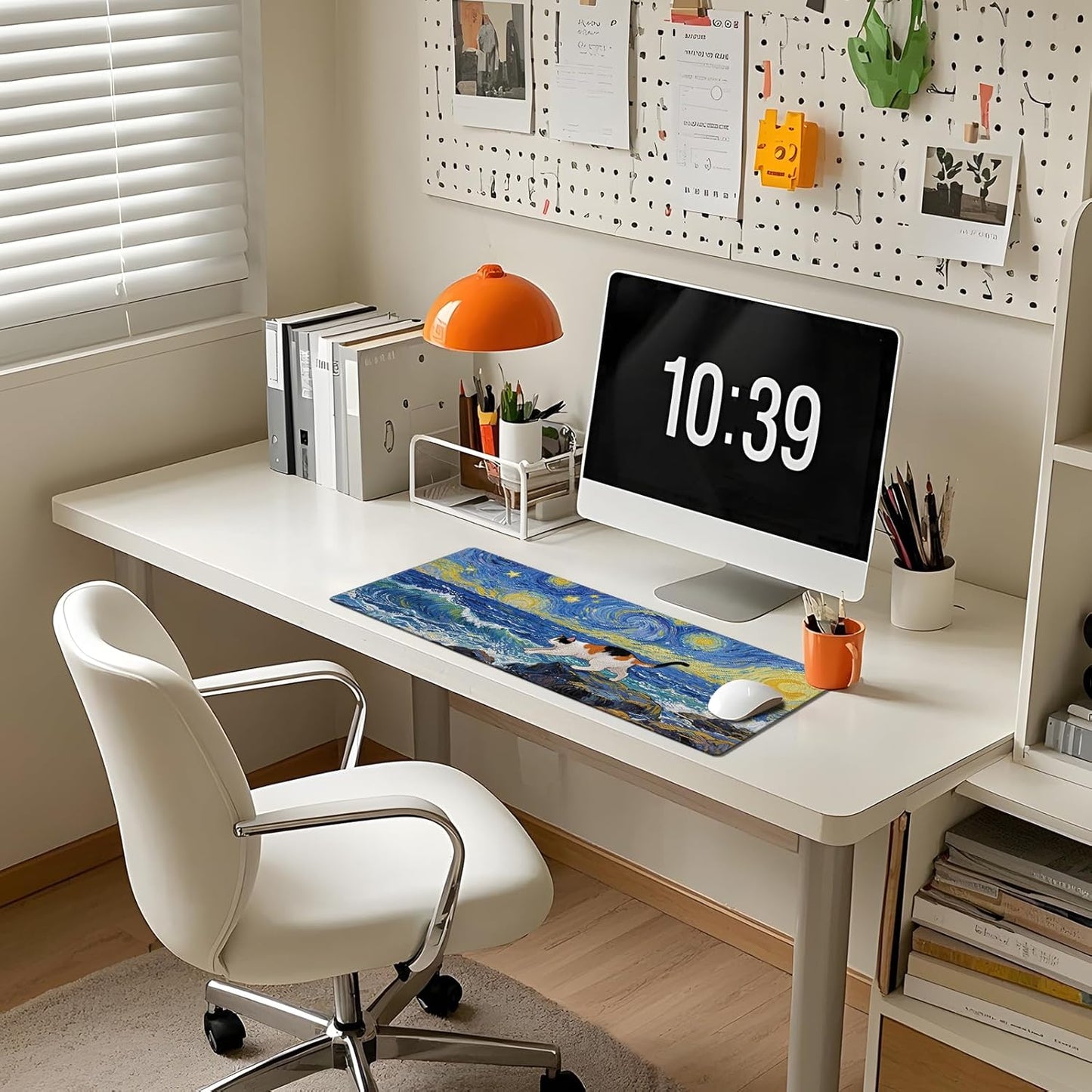 Cute Calico Cat Surfing Mouse Pad, Starry Night Style Mousepad - Large Non-Slip Desk Mat for Office, PC, Laptop - 31.5"x11.8" x 3mm