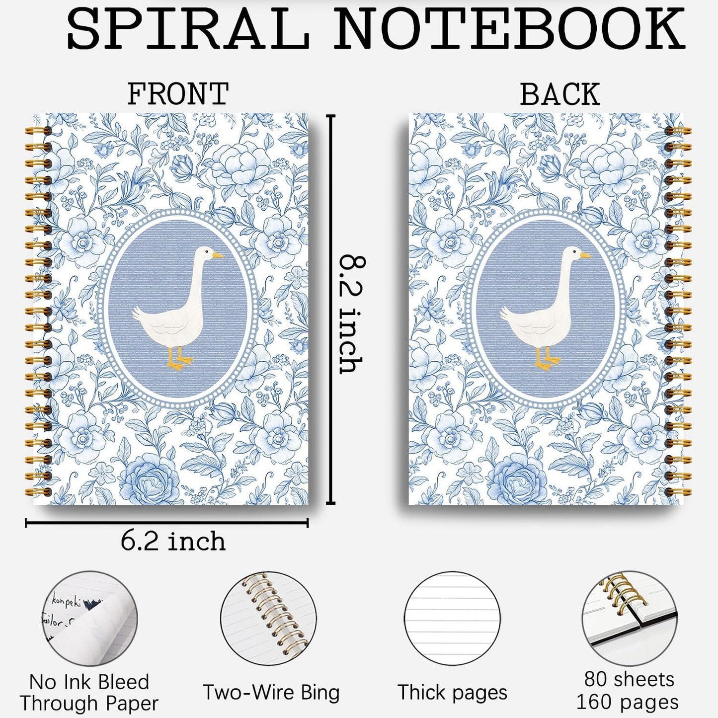 Guymn Chinoiserie Floral Goose Notebook, Goose Animal Lover Gifts Journal for Kids Girls, Blue and White Grandmillennial Geese Hardcover Spiral Notebooks Journals 5.5x8.3 Inch