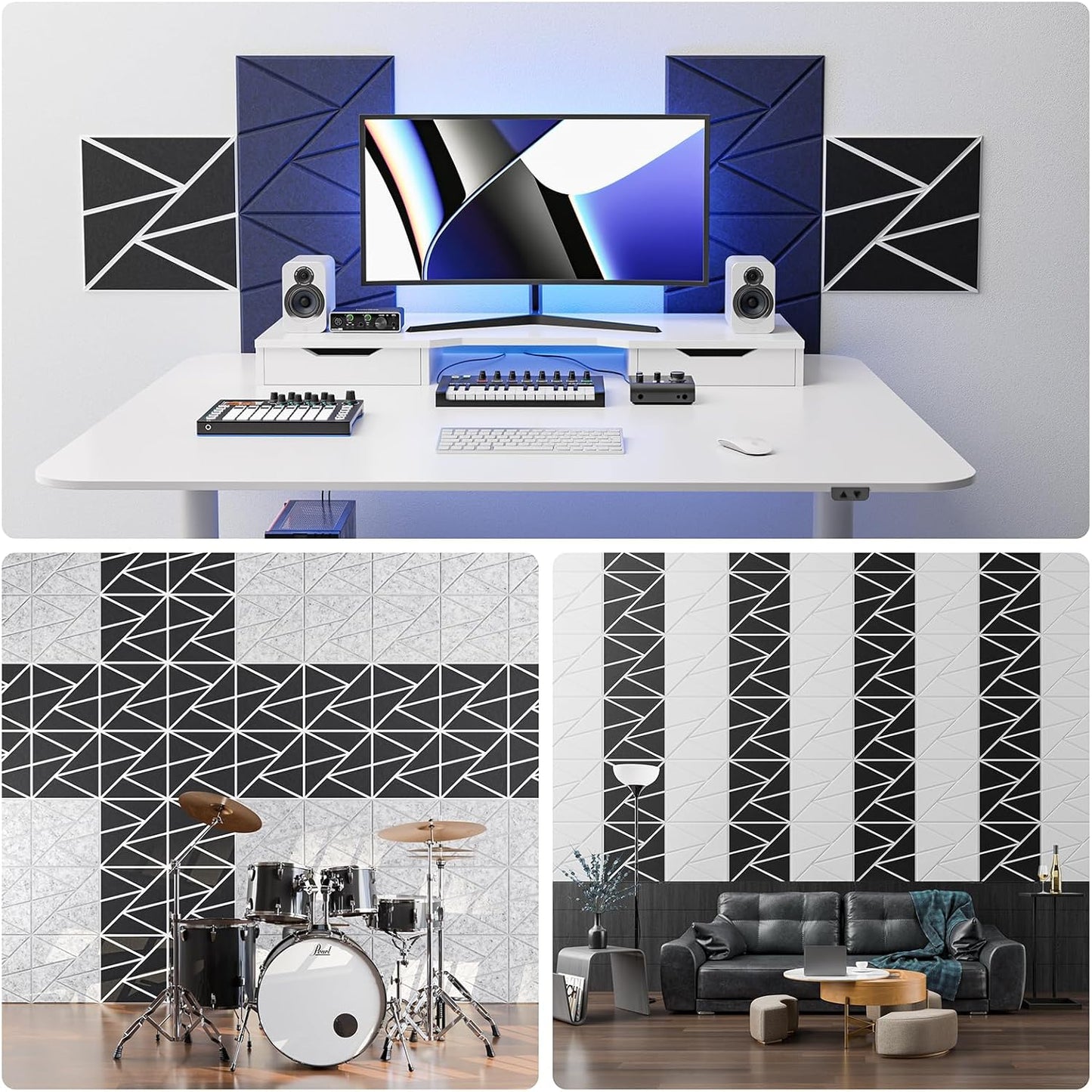 12 pack Acoustic Panels With Self-Adhesive, 12"X 12"X 0.4"Sound Proof Foam Panels, Sound Panels High Density, Soundproof Wall Panels for Home Studio Office- WhiteBase + BlackFace V1