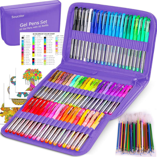 Soucolor Teen Girl Boys Gifts Trendy Stuff, Aesthetic Cute Preppy Stuff School Supplies, Deluxe 120 Pack Colored Gel Pens for Kids Adult Coloring Books, 60 Gel Pens, 60 Refills and Travel Case
