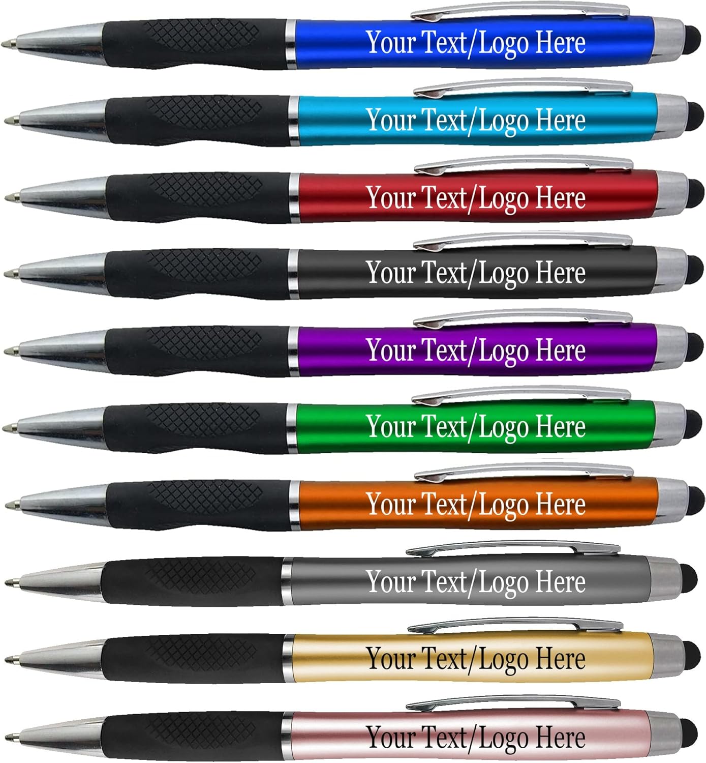 Personalized Pens With your Custom Logo or Text-300 Pack Bulk-for Businesses, Parties, and Events, 2 in 1 Ballpoint Pen + Capacitive Stylus for Touchscreen Devices, L'Blue Barrel, Blue Ink