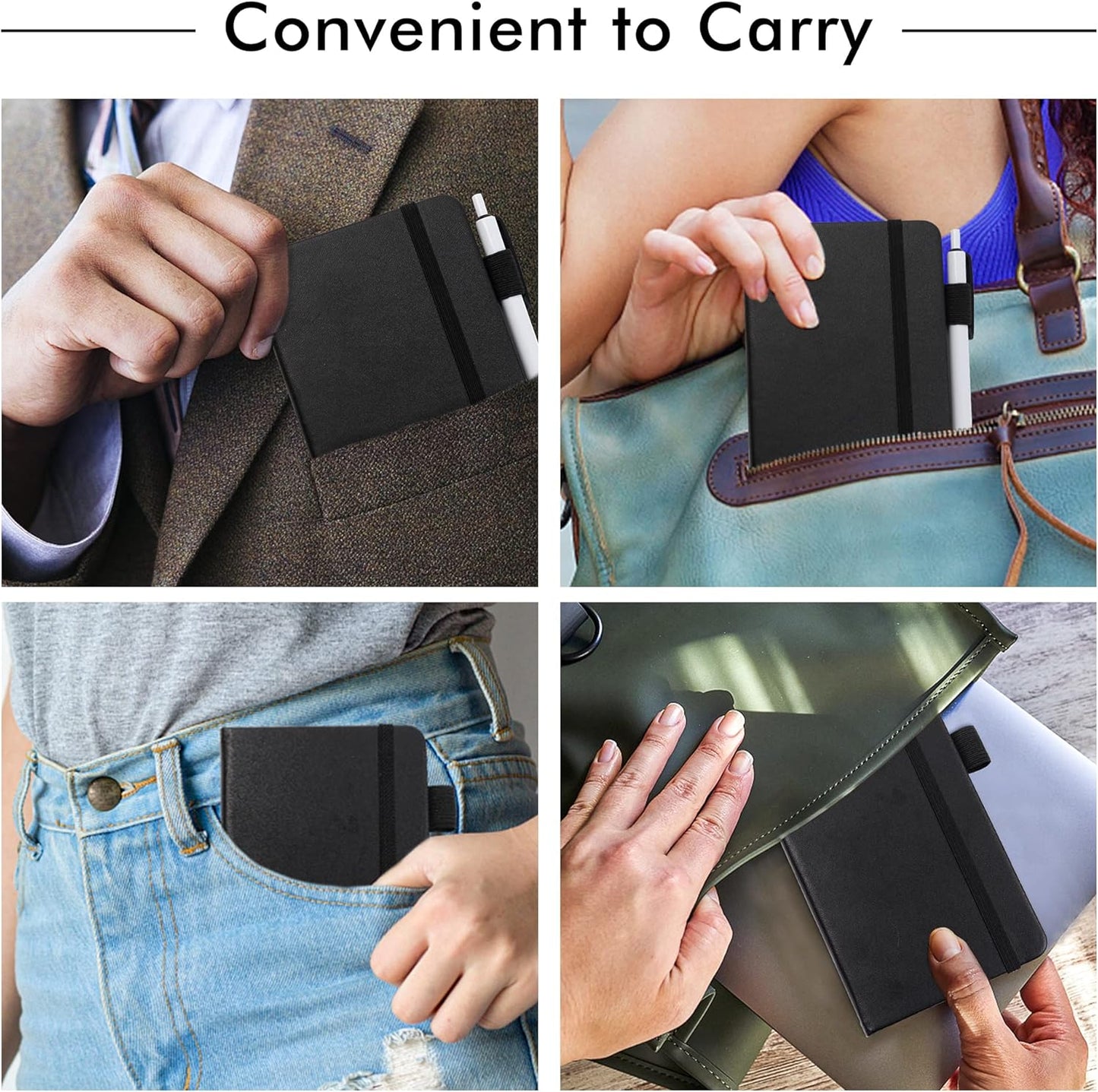 feela 15 Pack Pocket Small Notebooks Bulk, Mini Cute Notepads Hardcover College Ruled Lined Journals with Pen Holder for School Business Memos, with 15 Black Pens, 3.5”x 5.5”, A6, Black