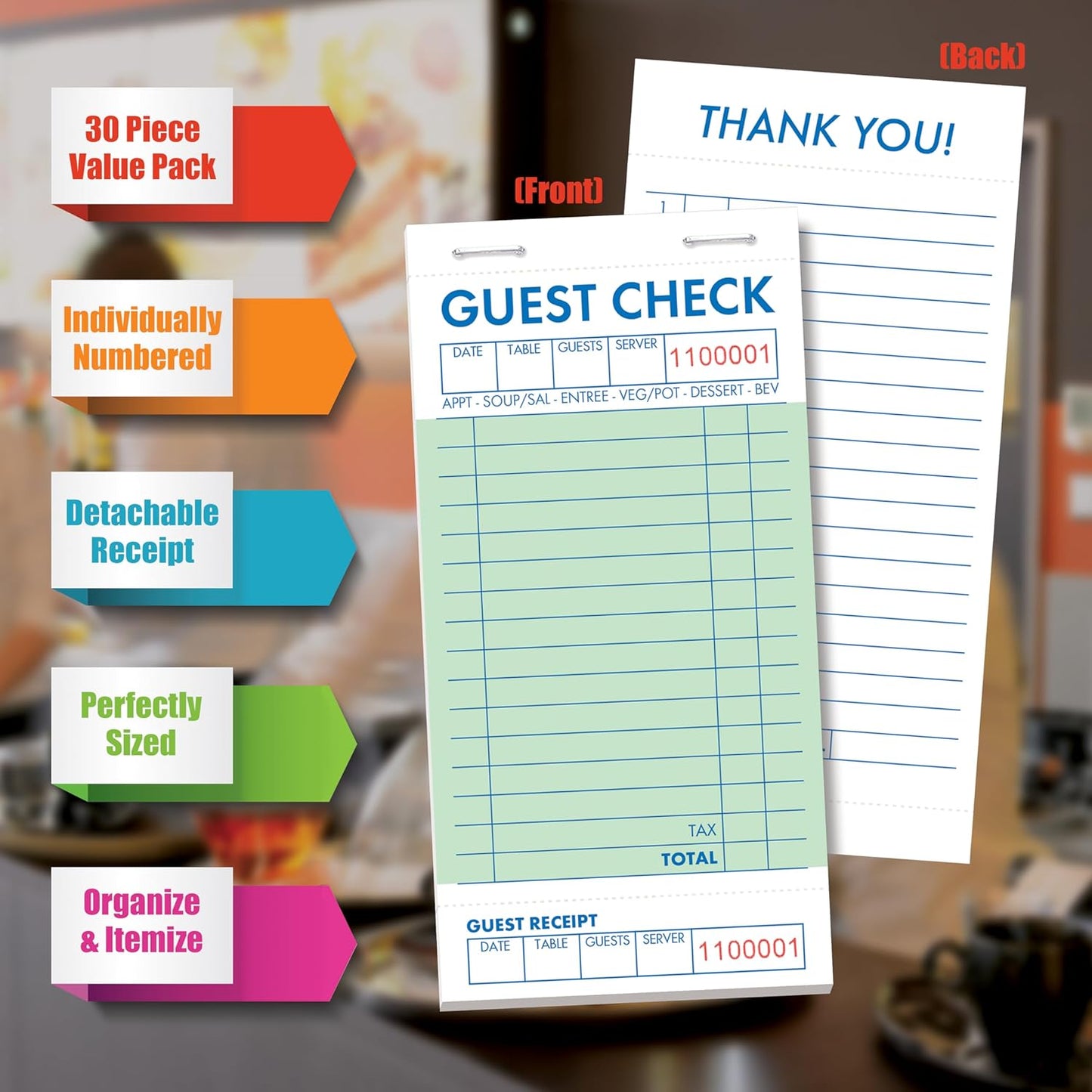 Guest Check Pads, Waitress Notepad for Restaurants, Server Pads, 50 Double-Sided Perforated Sheets, 1500 Total Sheets, 6.8" x 3.4", by Better Office Products (30 Pack)