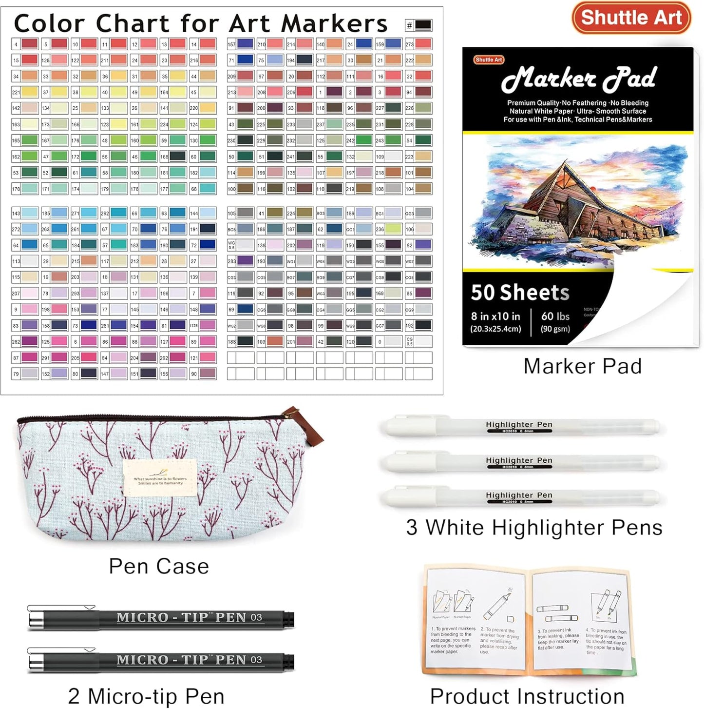 Shuttle Art 280 Colors Dual Tip Alcohol Based Art Markers, 279 Colors Permanent Marker Plus Colorless Blender, Micro-tip Pens, White Highlighter Pens, Marker Bag with Holders for Kids Adult Coloring