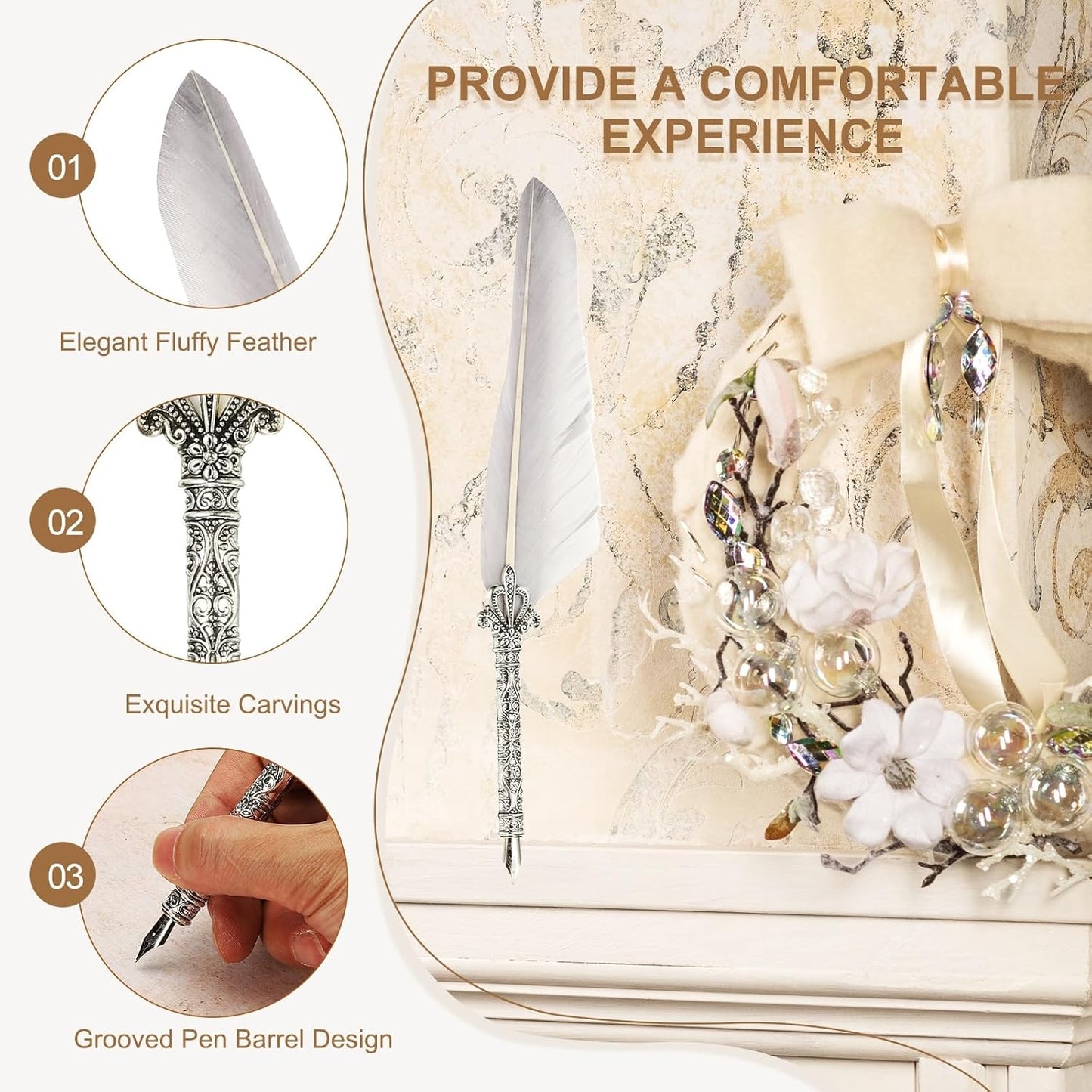 PATIKIL 26.5cm/10.4" Calligraphy Feather Quill Pen, Vintage Feather Dip Pen with 5 Replacement Nibs for Calligraphy Writing Wedding Office Gifts, Gray