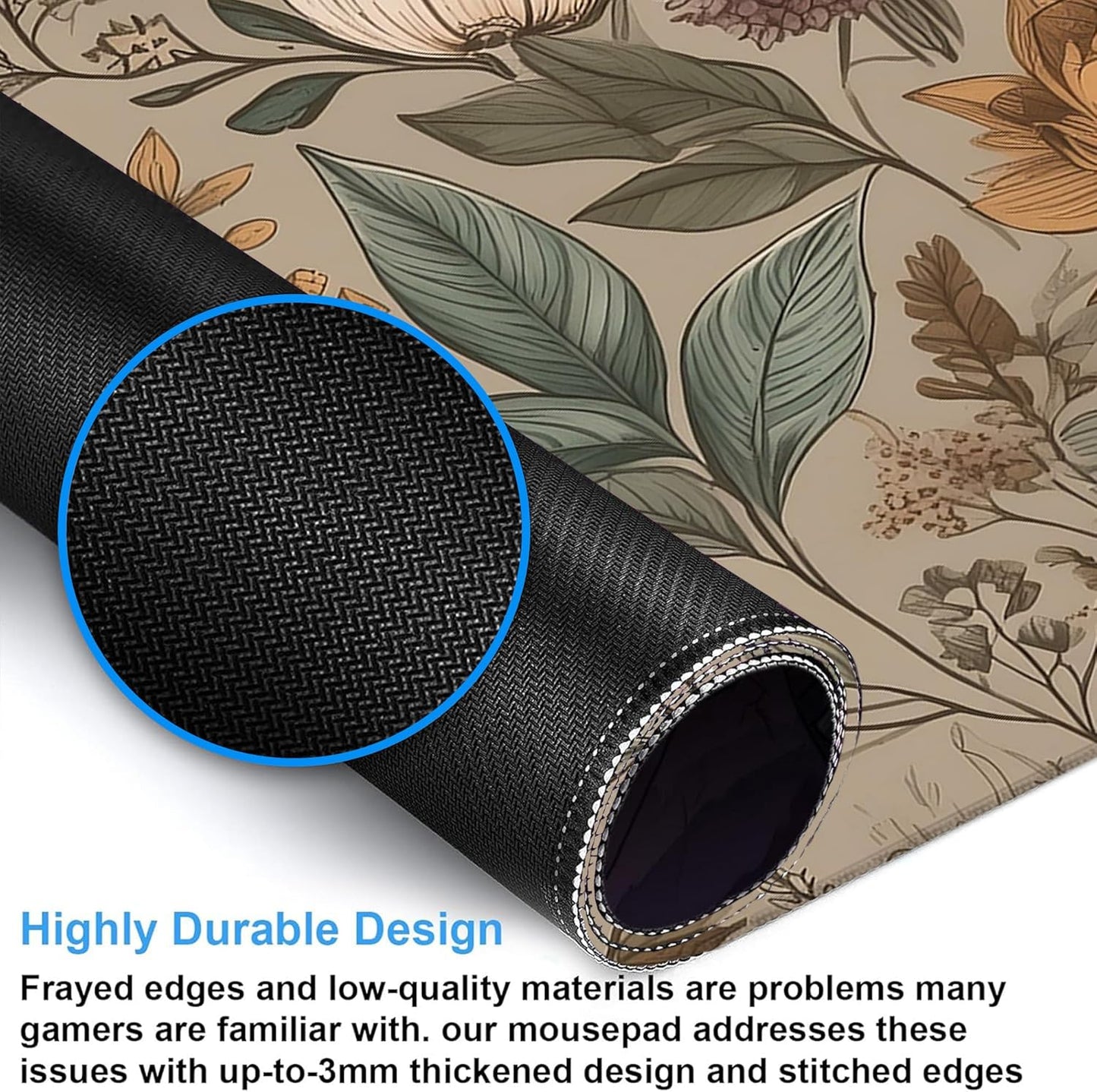 Desk Mat, Vintage Botanical Flowers Leaves Large Gaming Mouse Pad with Non-Slip Base Stitched Edges,Desk pad for Keyboard and Mouse Home Office 35.4"x15.7"