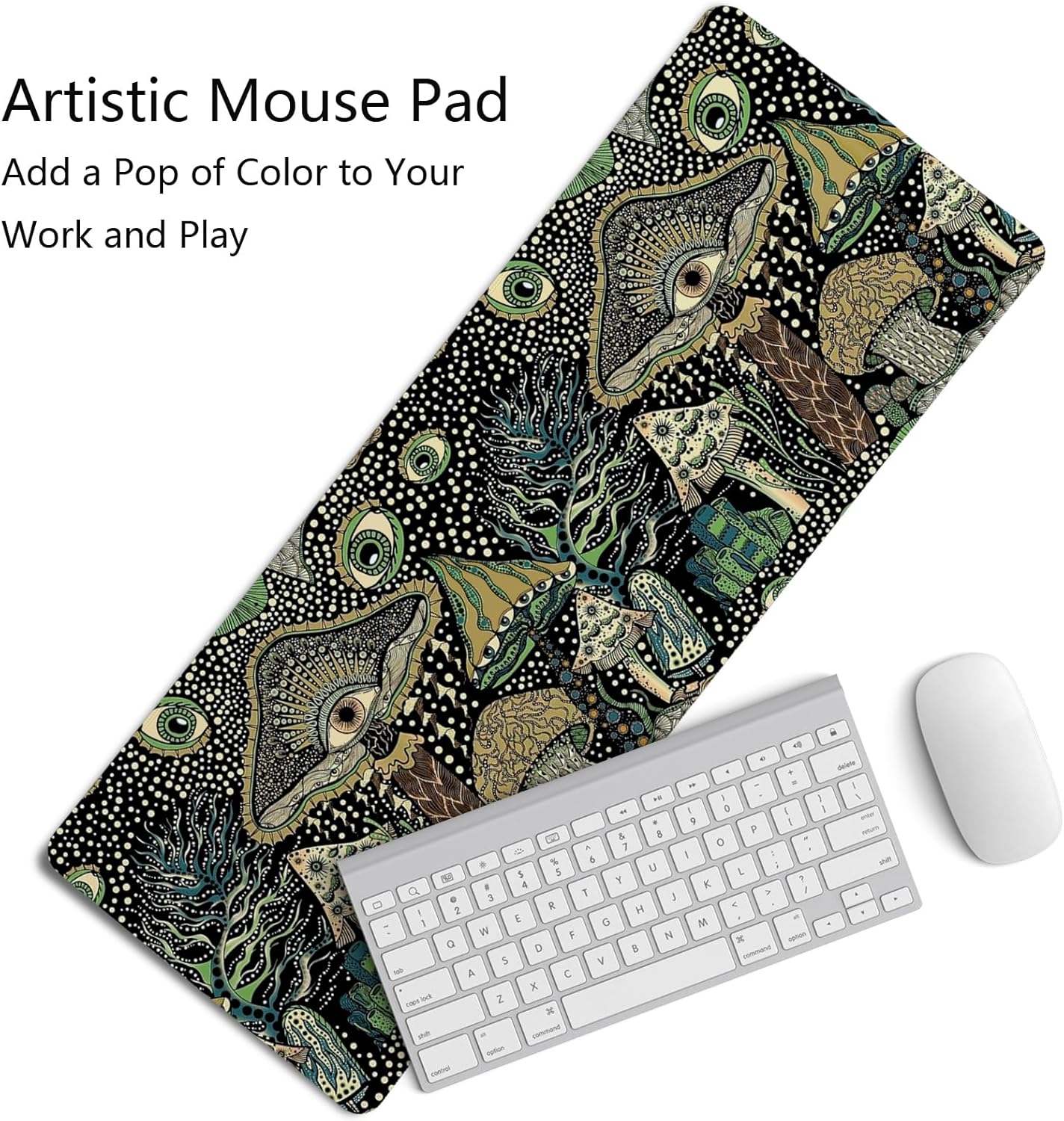 Boho Mushroom Floral Mouse Pad,Dark Green Cottagecore Mushrooms Desk Mat,XL Large Magic Vintage Boho Desk Mat,Summer Style Mouse Pads,for Dorm Home Office Desktop Decor Art,31.5x11.8 Inch