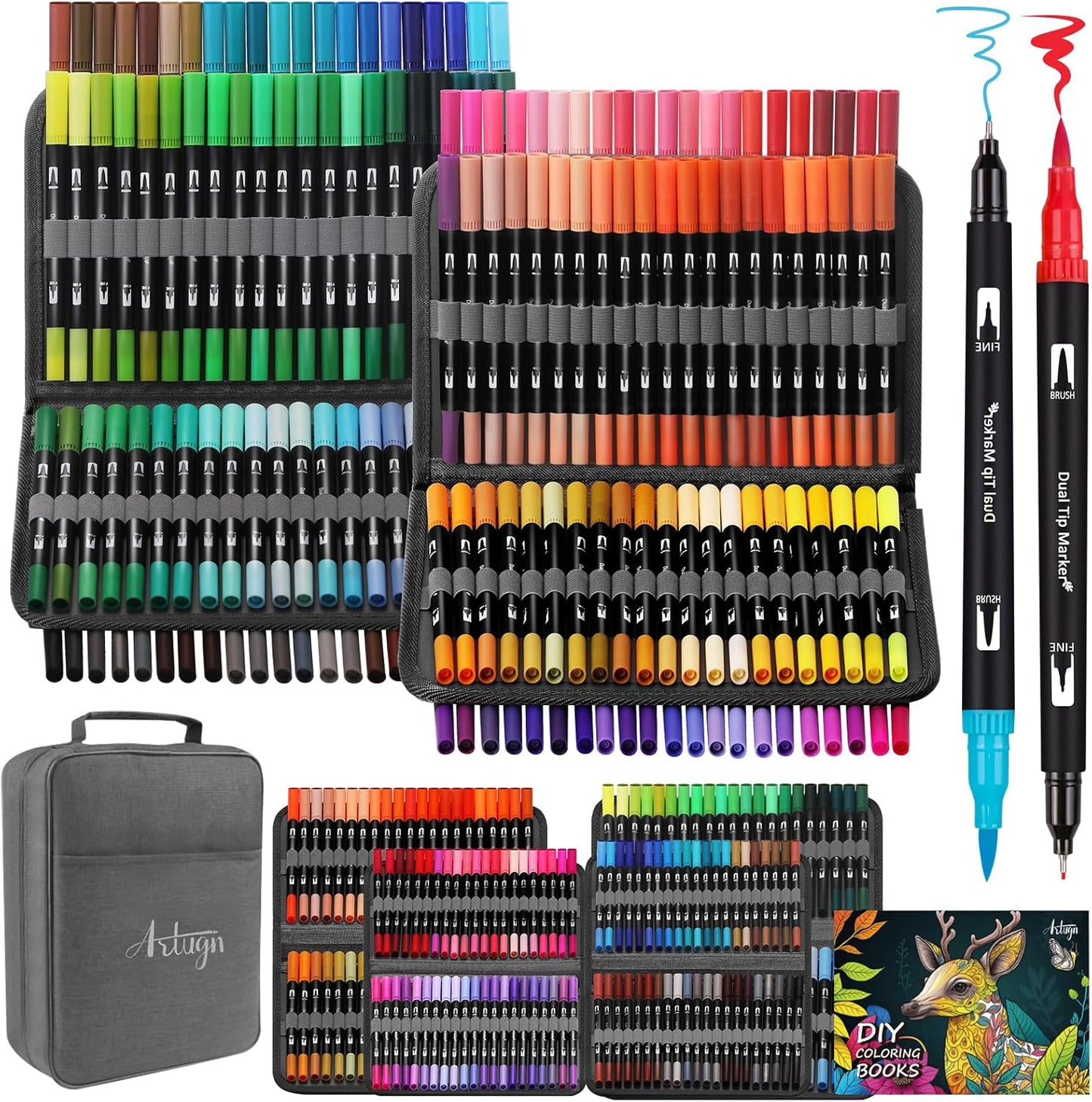 Dual Markers Brush Pens for Adult Kids Coloring Books, 168 Colors Art Marker Set with Fine & Brush Tip Pen for Bullet Journaling, Coloring, Drawing, Hand Lettering, Calligraphy, Art Supplies