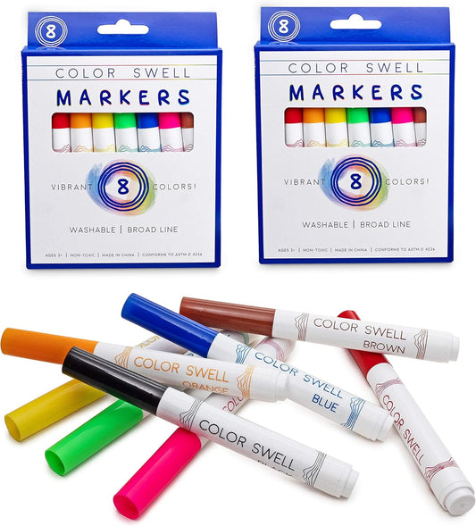 Color Swell Washable Markers 2 Pack of 8 Vibrant Colors Each for Teachers, Kids, Classrooms, Families, All Ages
