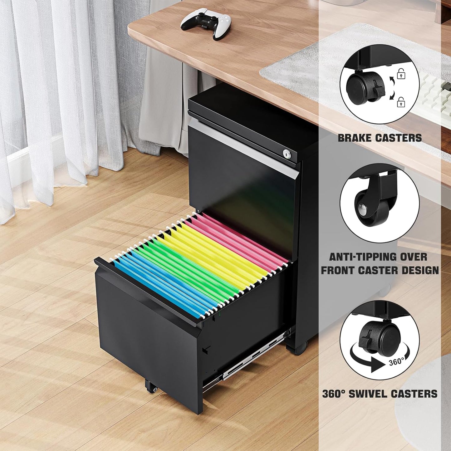 2 Drawer File Cabinet On Wheels Mobile File Cabinet with Lock Under Desk Metal Filing Small Rolling Black Printer Stand for Home Office Assembly Required