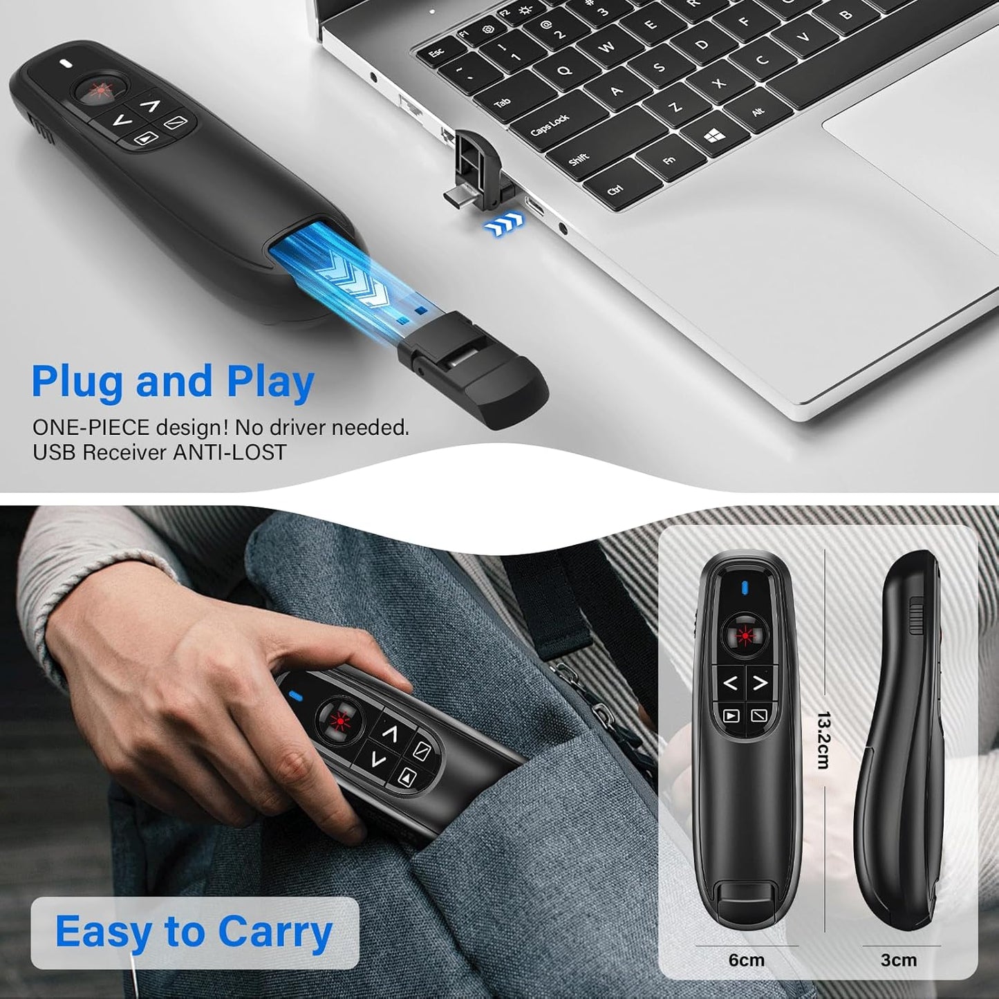 2-in-1 USB Type C Presentation Clicker, Wireless Presentation Clicker PowerPoint Presenter Remote with Volume Control, Powerpoint Clicker with Slide Advancer for Computer/Laptop/Mac