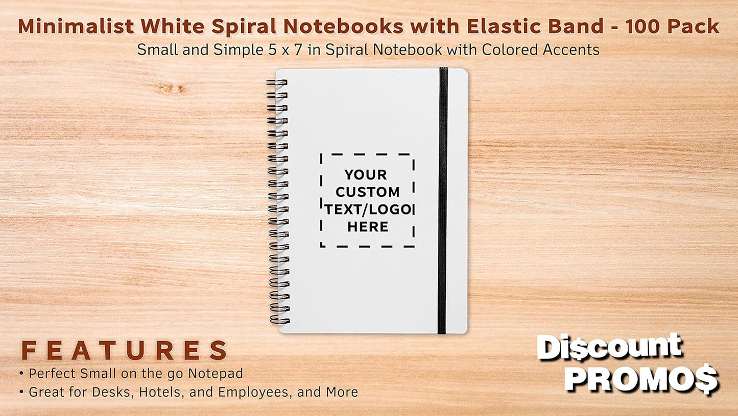100 White Spiral Notebooks with Elastic Band Pack - Customizable Text, Logo - 80 lined pages, Recycled - Black