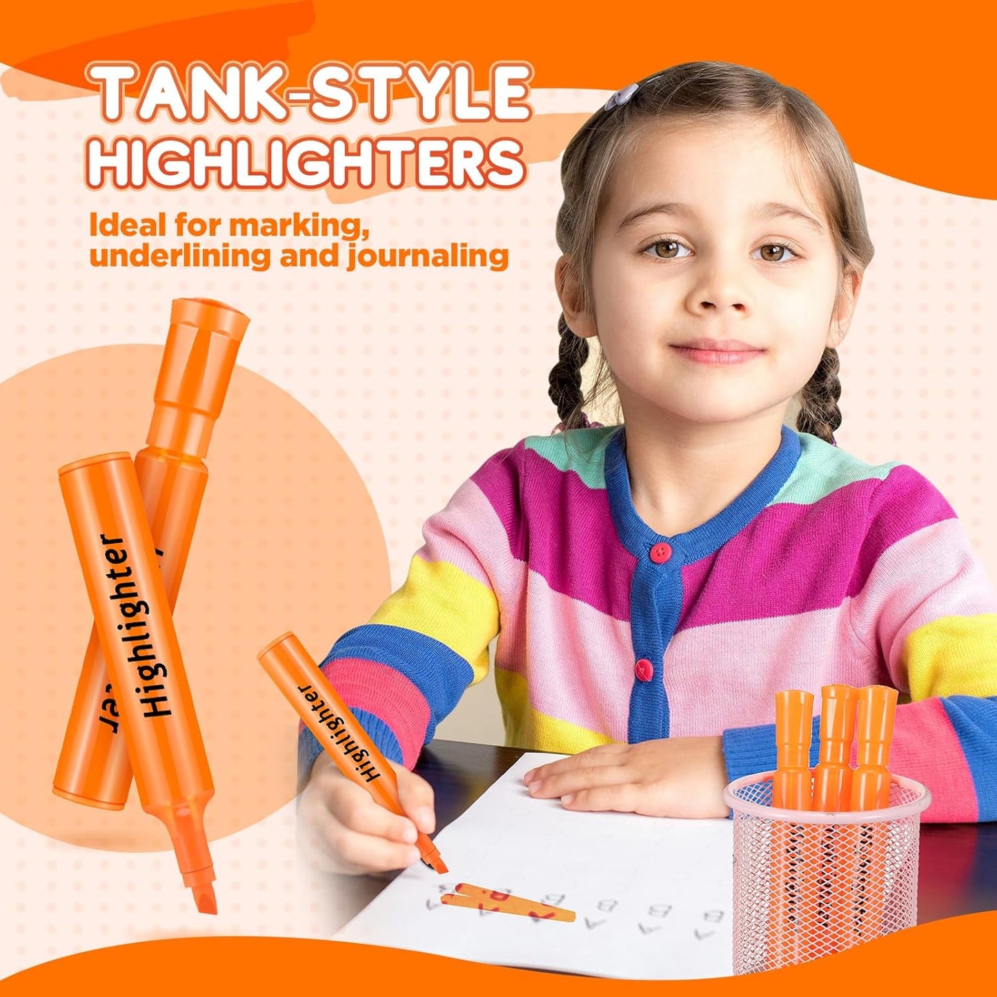 Qilery 30 Pack Highlighters Bulk, Tank Style Chisel Tip Highlighters Markers Quick Drying for Kids and Adult Coloring, Classroom Home Office School Supplies (Orange)