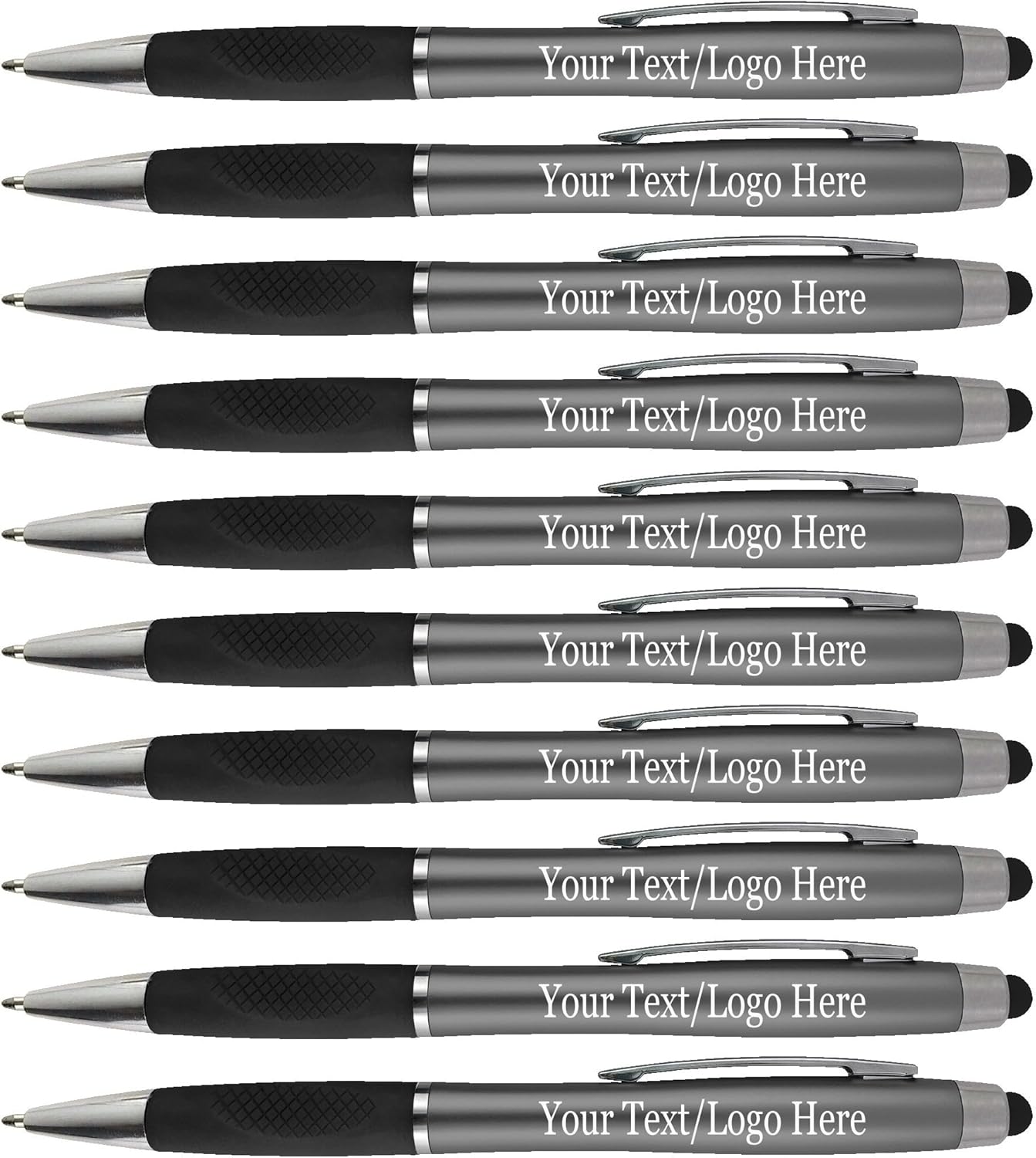 Personalized Pens With your Custom Logo or Text-300 Pack Bulk-for Businesses, Parties, and Events, 2 in 1 Ballpoint Pen + Capacitive Stylus Compatible with Touchscreen Devices, Grey Barrel, Blue Ink