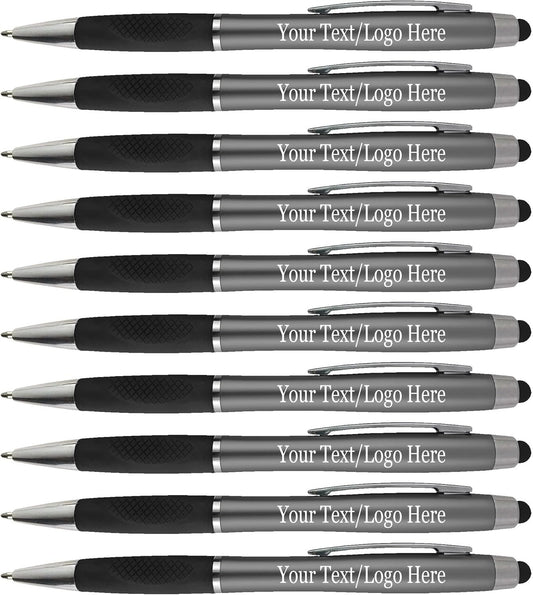 Personalized Pens With your Custom Logo or Text-300 Pack Bulk-for Businesses, Parties, and Events, 2 in 1 Ballpoint Pen + Capacitive Stylus Compatible with Touchscreen Devices, Grey Barrel, Blue Ink