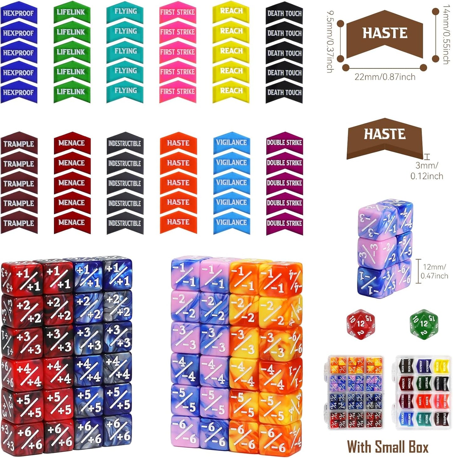 110 Pieces MTG Abilities Keyword Tokens 12mm Dice Counters Set with Box, MTG Life Counter Buff Tokens Dice for Magic The Gatering, Compatible with TCG CCG Magic Card Games Accessories