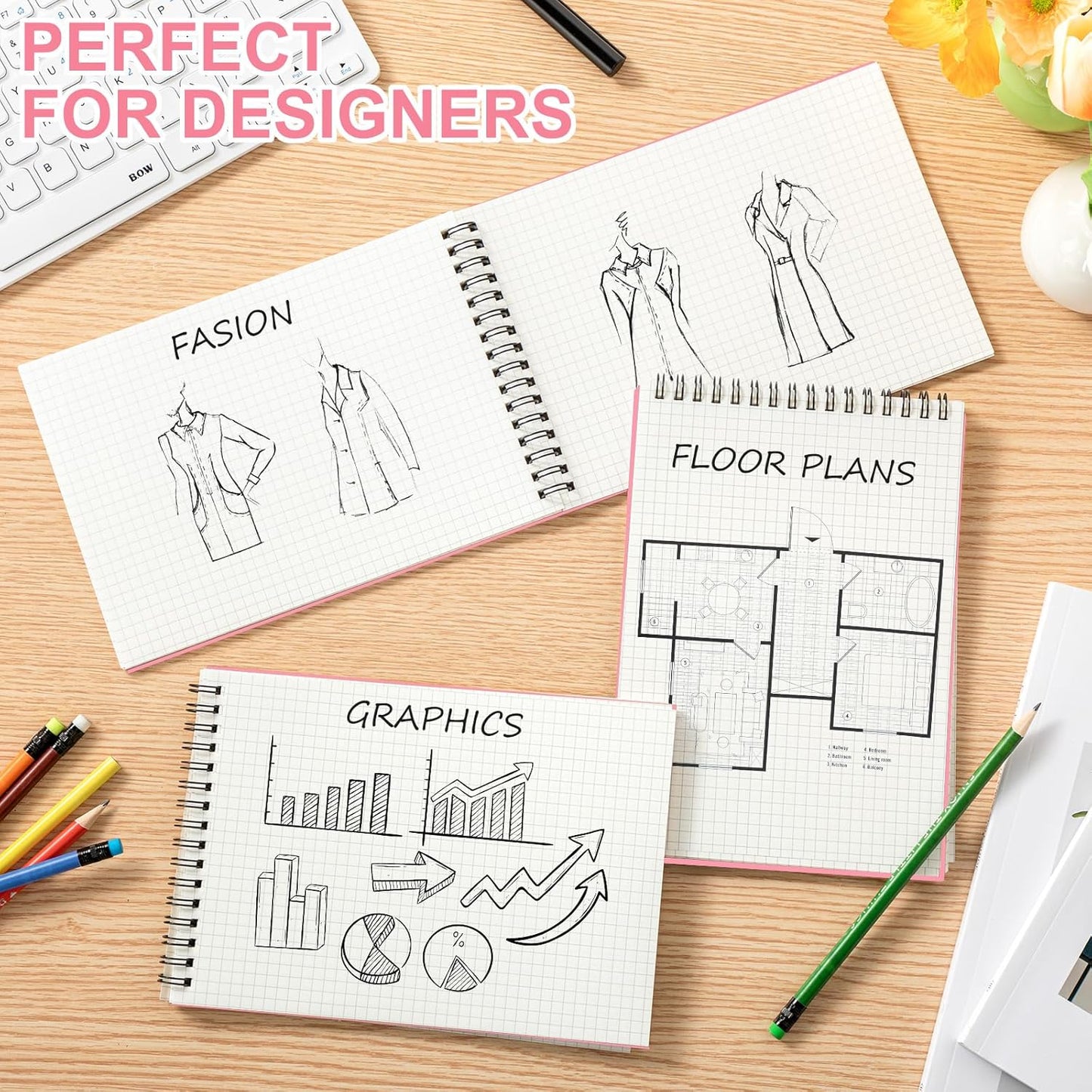 2 Pack Graph Paper Spiral Notepad A5 Top Wirebound Notepad Grid Notebook Steno Pads Memo Notebook Grid Paper 140 Pages for Writing Sketching Drawing Office Supplies (Pink)