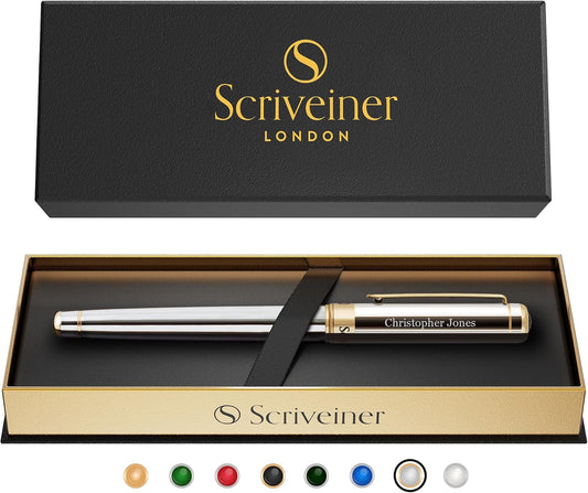 Scriveiner Personalized Silver Chrome Rollerball Pen - Stunning Luxury Pen, Real Gold Plating, Schmidt Ink Refill, Best Engraved Roller Ball Gift Set for Men & Women, Custom Name Engraving
