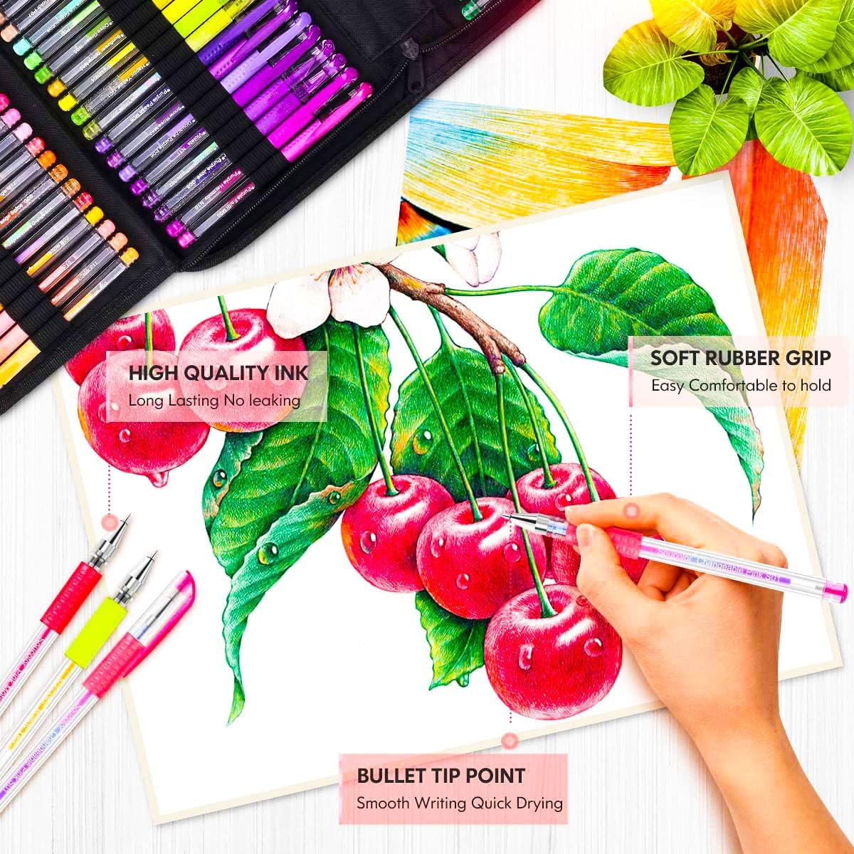 Soucolor Gel Pens for Adult Coloring Books, Deluxe 120 Pack-60 Colored Gel Pens, 60 Refills and Travel Case, with 40% More Ink Gel Art Markers Set for Drawing Journaling Scrapbooking Art Kit Supplies