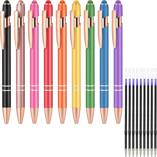 Aozora 18 Pack Ballpoint Pens Smooth Writing 2-in-1 Stylus Retractable Ballpoint Pen with Stylus tip Office Decor Metal Stylus Pen for Touch Screens 1.0mm Black Ink (9 Pens with 9 Refills)