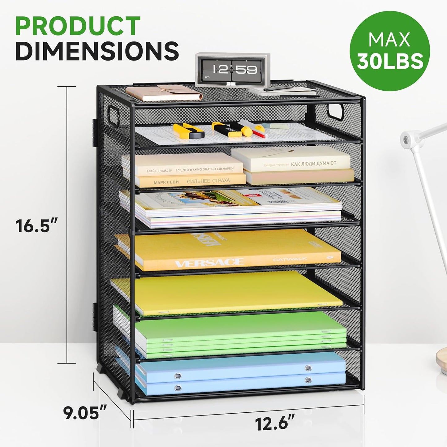 2 Pack 8 Tier Paper Organizer with Handle, Metal Mesh Desk File Organizer, Large Capacity Desk Organizers Paper Letter Tray Desktop Document Sorter for Office, Home or School - Black