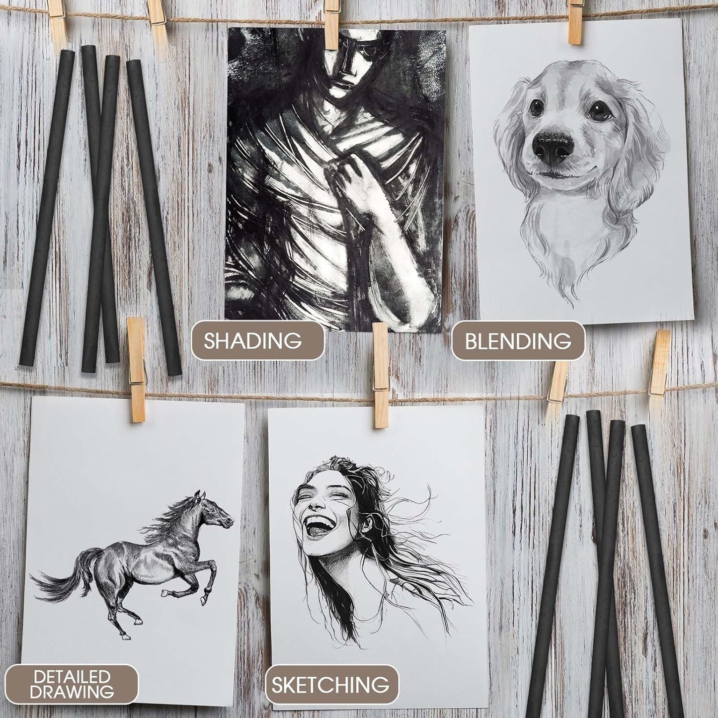 Gueevin 24 Pcs Willow Charcoal Sticks, Willow Charcoal, Artists, Beginners, Students, Perfect for Sketching, Drawing, Shading, and Fine Art (2-4mm，4-5mm，5-7mm，7-9mm)