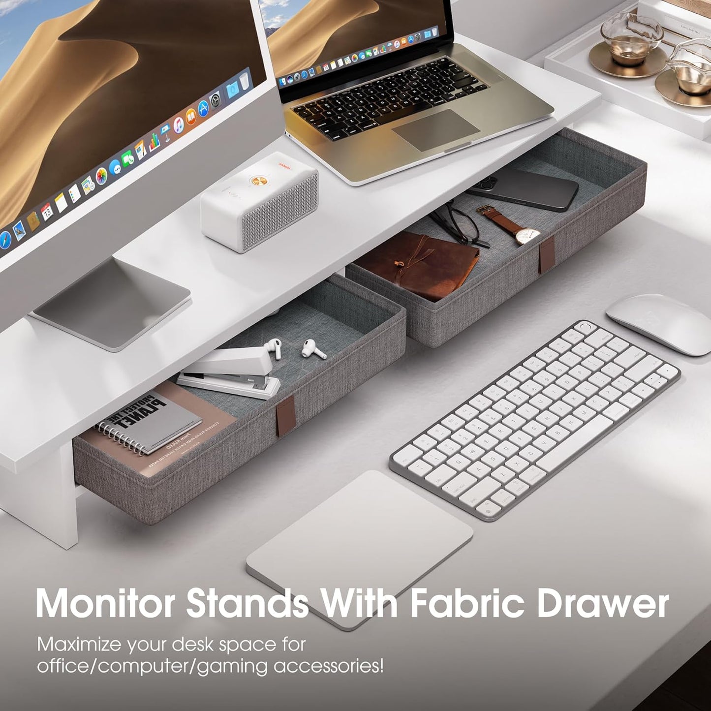 Fenge Monitor Stand with Drawer, 2 Tiers Dual Monitor Riser for Desk, 35 Inch Computer Stand for 2 Monitors, Desk Shelf for Home, Office, Laptop, PC, TV, Printer