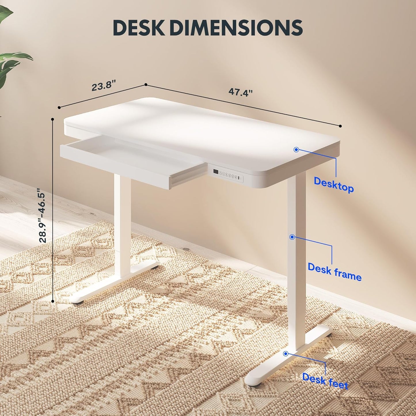 FLEXISPOT Comhar Electric Standing Desk with Drawers Charging USB A to C Port, Height Adjustable 48" Whole-Piece Home Office Computer Laptop Table with Storage (White Top + Frame)