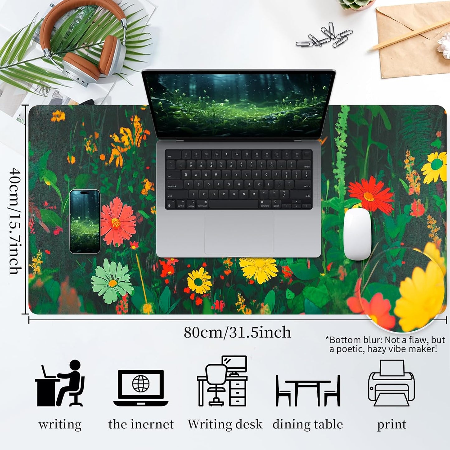 Bloss Wildflowers Mouse Pad,Large Floral Plants Desk Pads for Desktop,Cute Black Cat Leather Desk Mat for Keyboard and Mouse,Computer Laptop Desk Protector Mat for Office/Home/Women Gift,31.5" x 15.7"