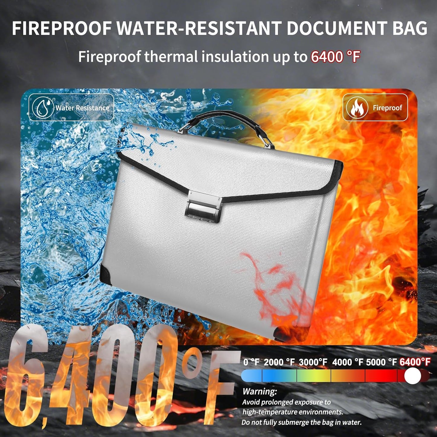 Fireproof Document Bag 14.5"X11"X2.5" Fireproof Money Bag for Cash With Lock and Zipper,Fire&Waterproof Storage Organizer Pouch for Valuables,Legal Document,Laptop,Passport,(Silver)
