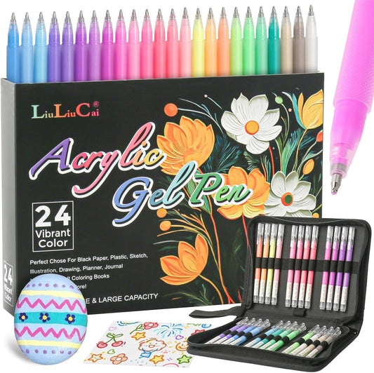 LIUILUCAI 24 Colors Paint Markers, 3D Acrylic Gel Pens,Bullet Tip Point, Acrylic Paint Pen for Canvas, DIY Crafts, Art, Drawing, Bullet Journaling-1.0 mm