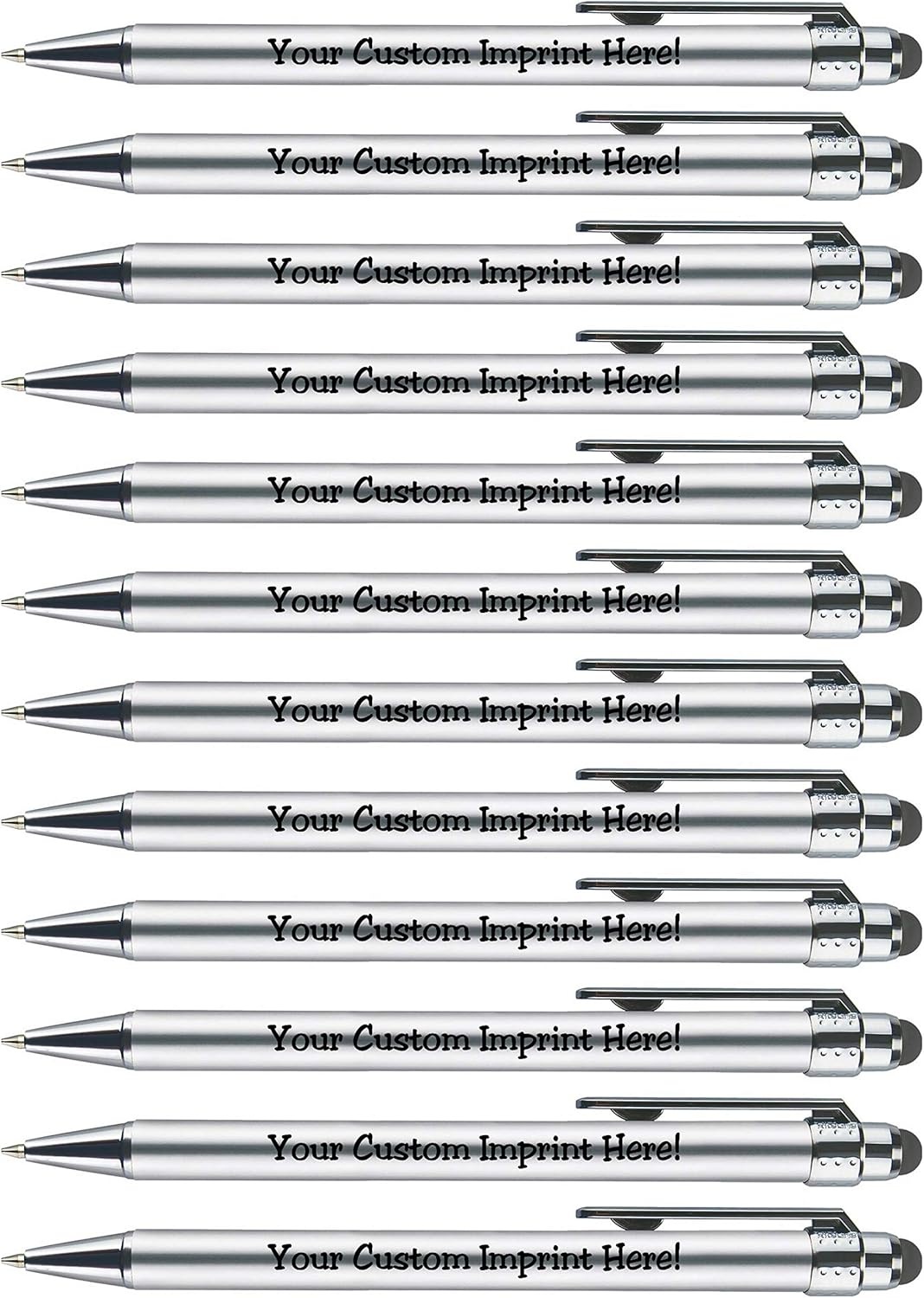Personalized Pens with Stylus Tip -Bright Vibes- Click action - Custom - Black writing - Printed Name pens - Imprinted with Your Logo or Message - FREE PERSONALIZATION - 12 Pens/Box (Silver)