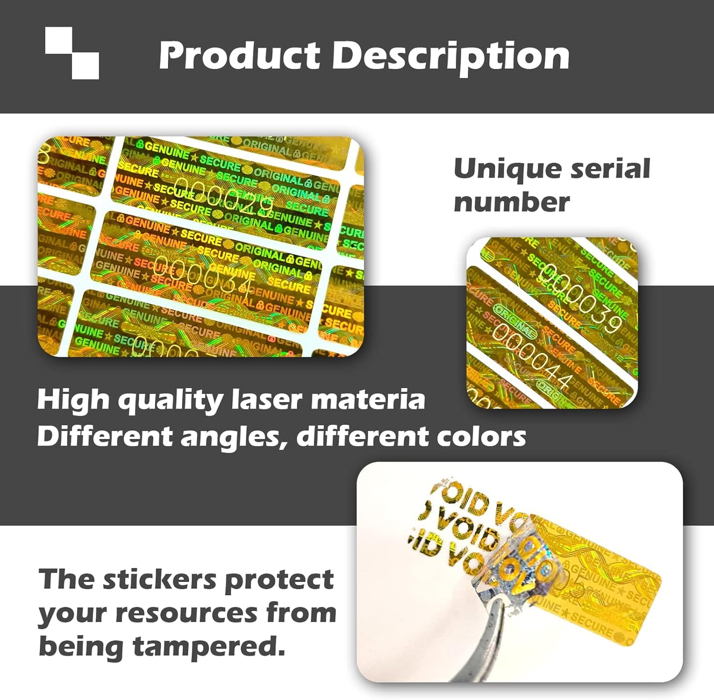 1200pcs Hologram Tamper Proof Stickers Security Labels Genuine Warranty Void Seal Tamper evident Original Sticker with Unique Serial Number (1.2x0.4inch,Gold)…