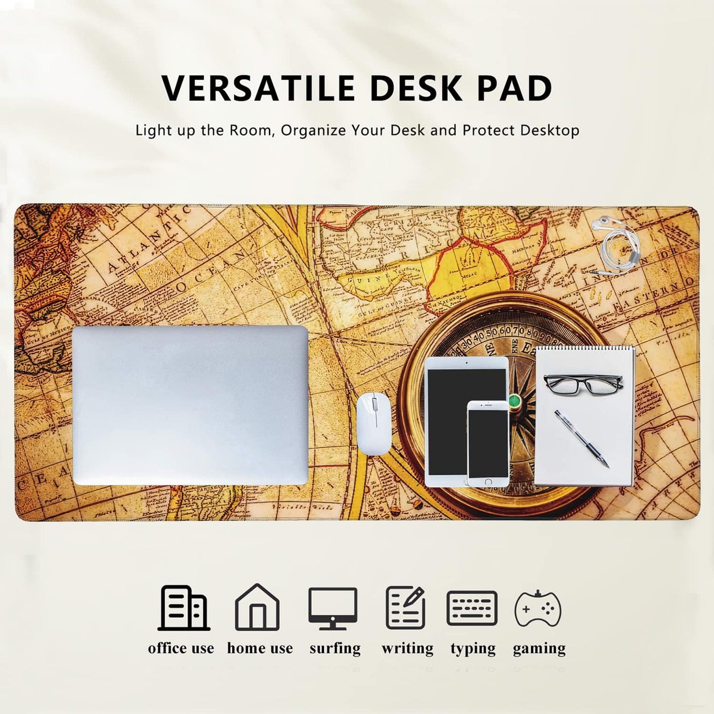 Vintage Compass Lies on Ancient World Map Extended Gaming Mouse Pad Large Desk Mat with Non-Slip Rubber Base and Stitched Edges,Keyboard Mouse Mat Desk Pad for Work,Game,Office,Home 35.4 * 15.7 Inch