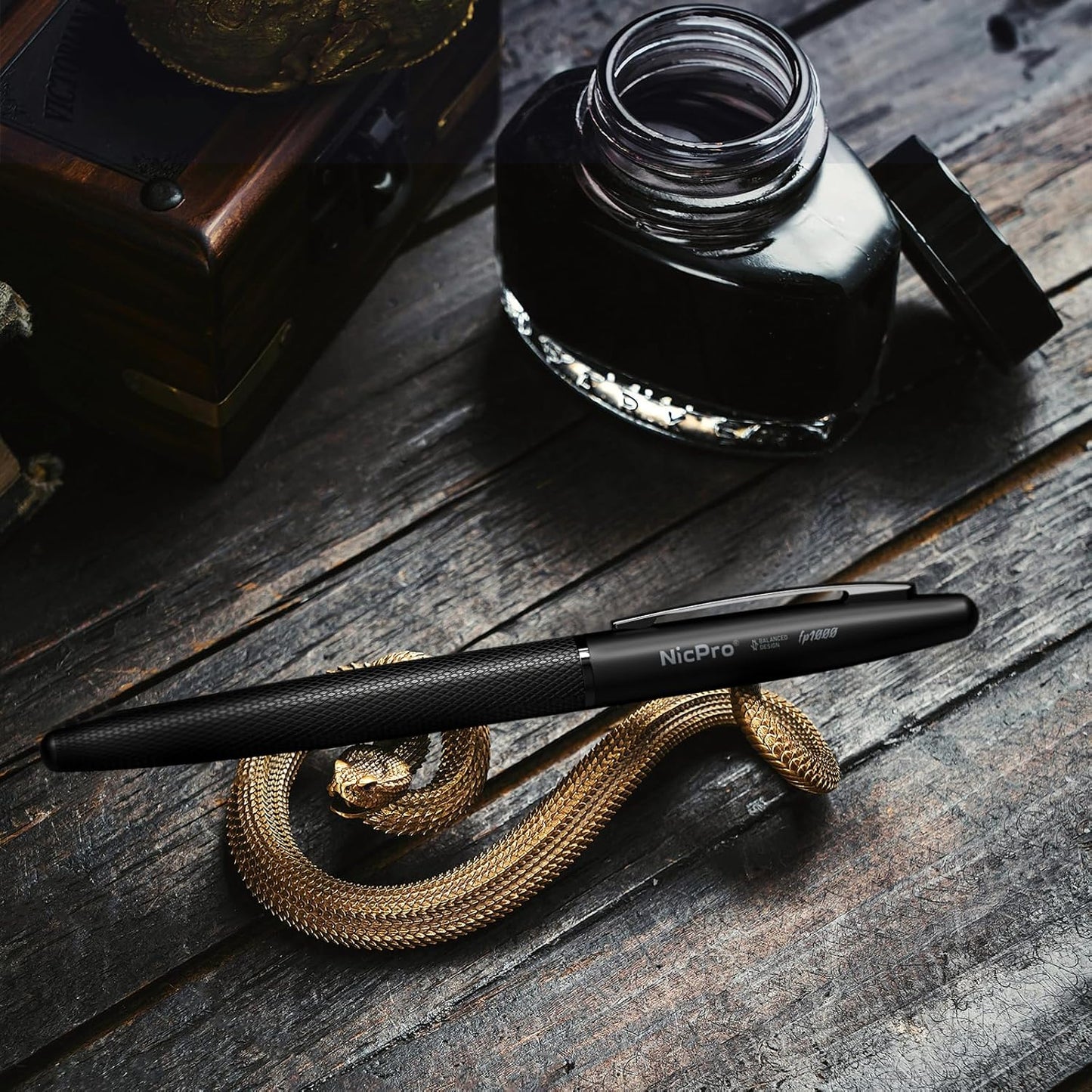 Nicpro Fountain Pen Set with Box, Classic Black Fancy Pen with Converter, 0.38mm Extra Fine Nib Smooth Writing Calligraphy, Office, Business, Luxury Pen