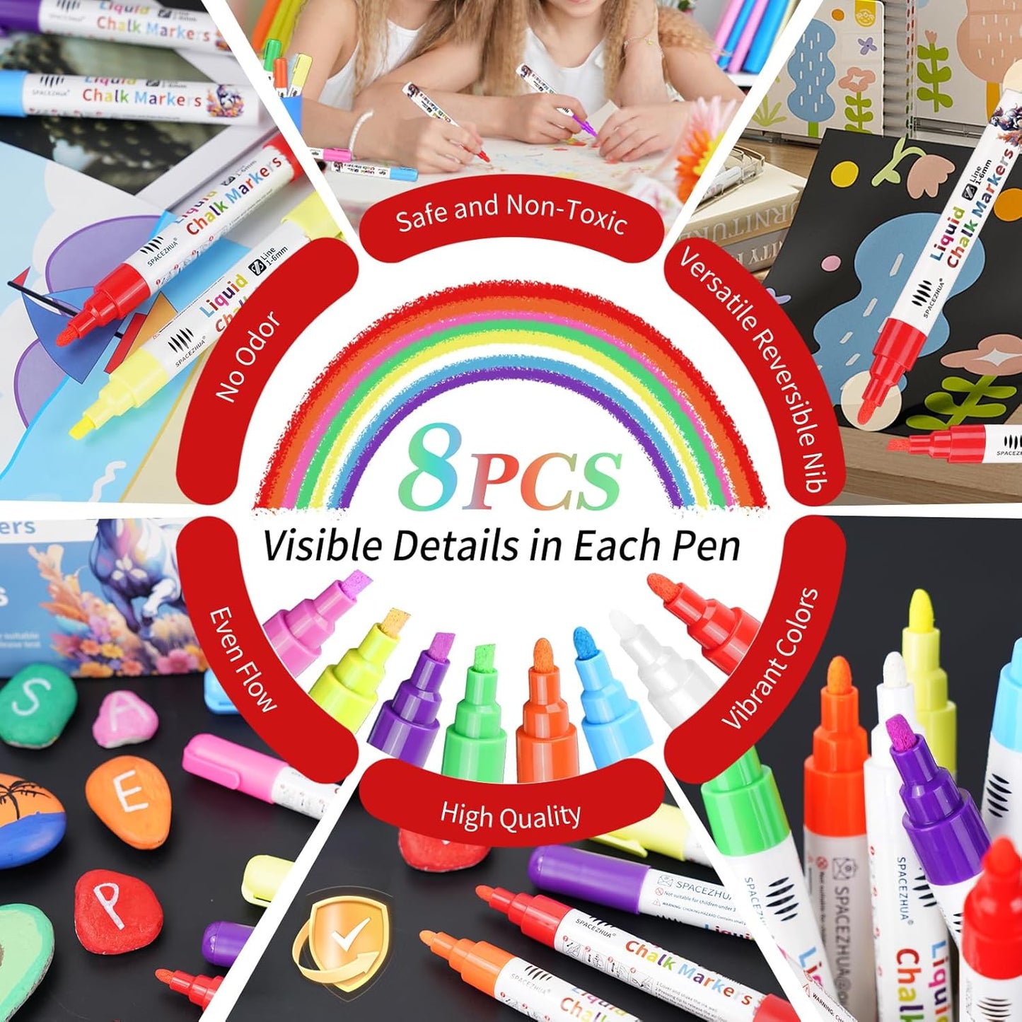 Chalk Markers for Blackboard 8 Vibrant Colors, 6mm Reversible Bullet & Chisel Tips, Chalk Pens Wet & Dry Erasable Markers for Whiteboard, Chalkboard, Calendar, Windows, Glass, Signs