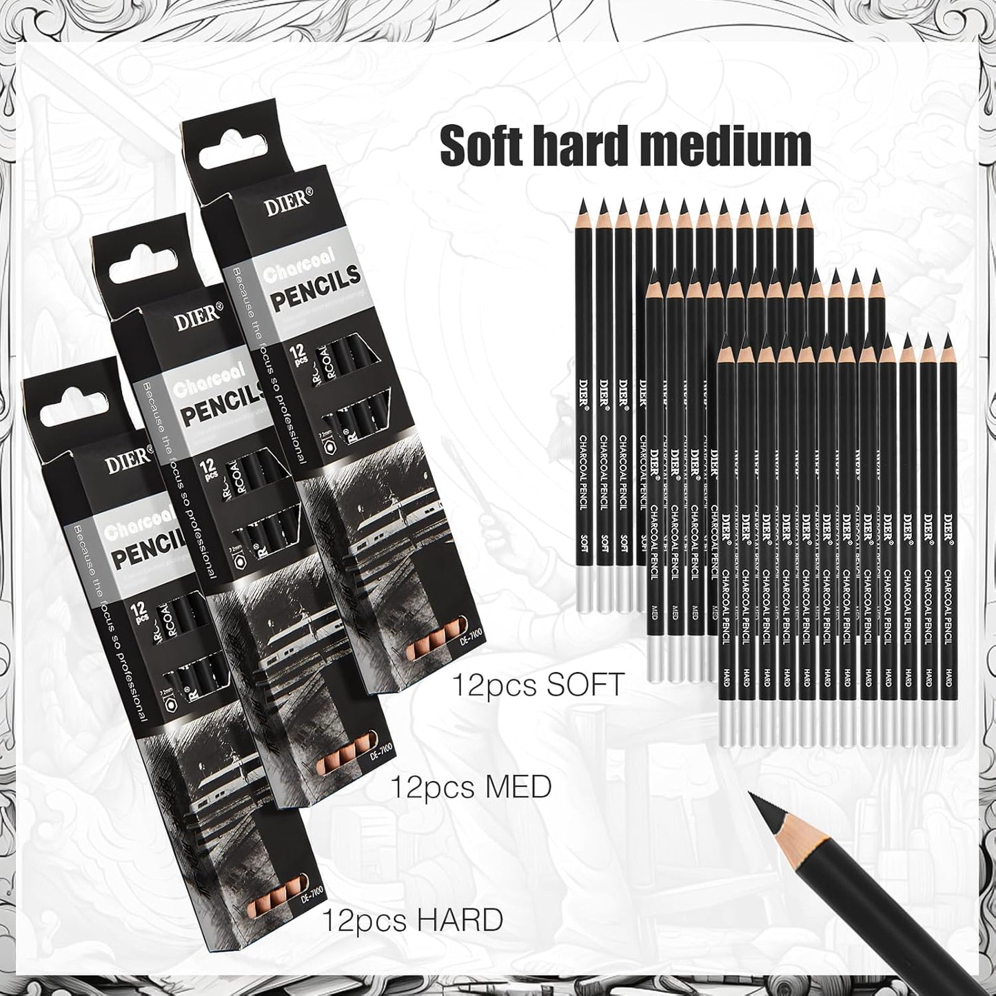 Geyoga 36 Pcs Professional Charcoal Pencils Soft, Medium and Hard for Drawing Charcoal Pencils for Sketching Shading Drawing Blending Portrait (Black,Assorted)