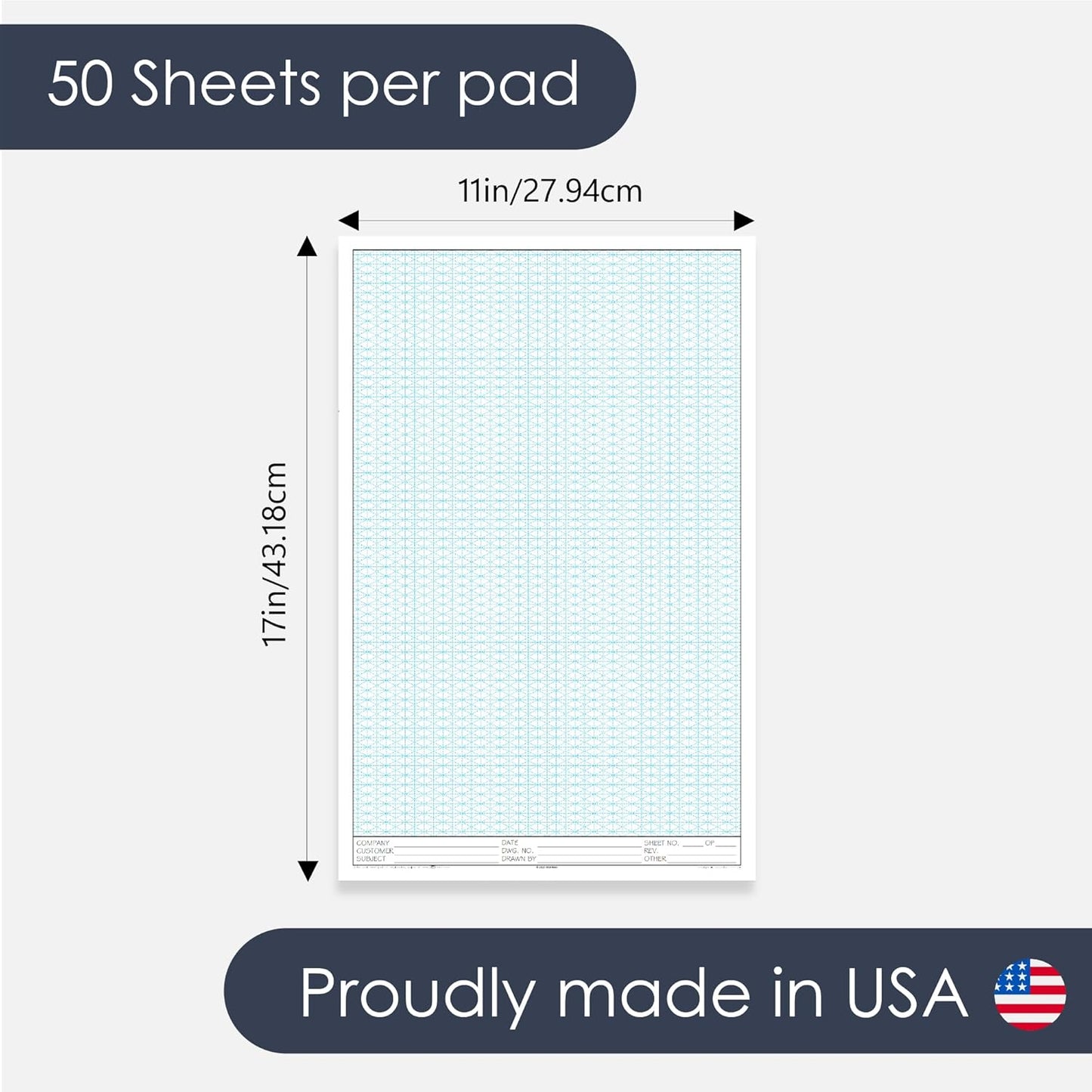 11" x 17" Isometric Graph Paper 50 Sheets Portrait - 0.25" Grid, Non-photo Blue, High Brightness, Drafting, Engineering, Art, 3D Design (3-Pack)