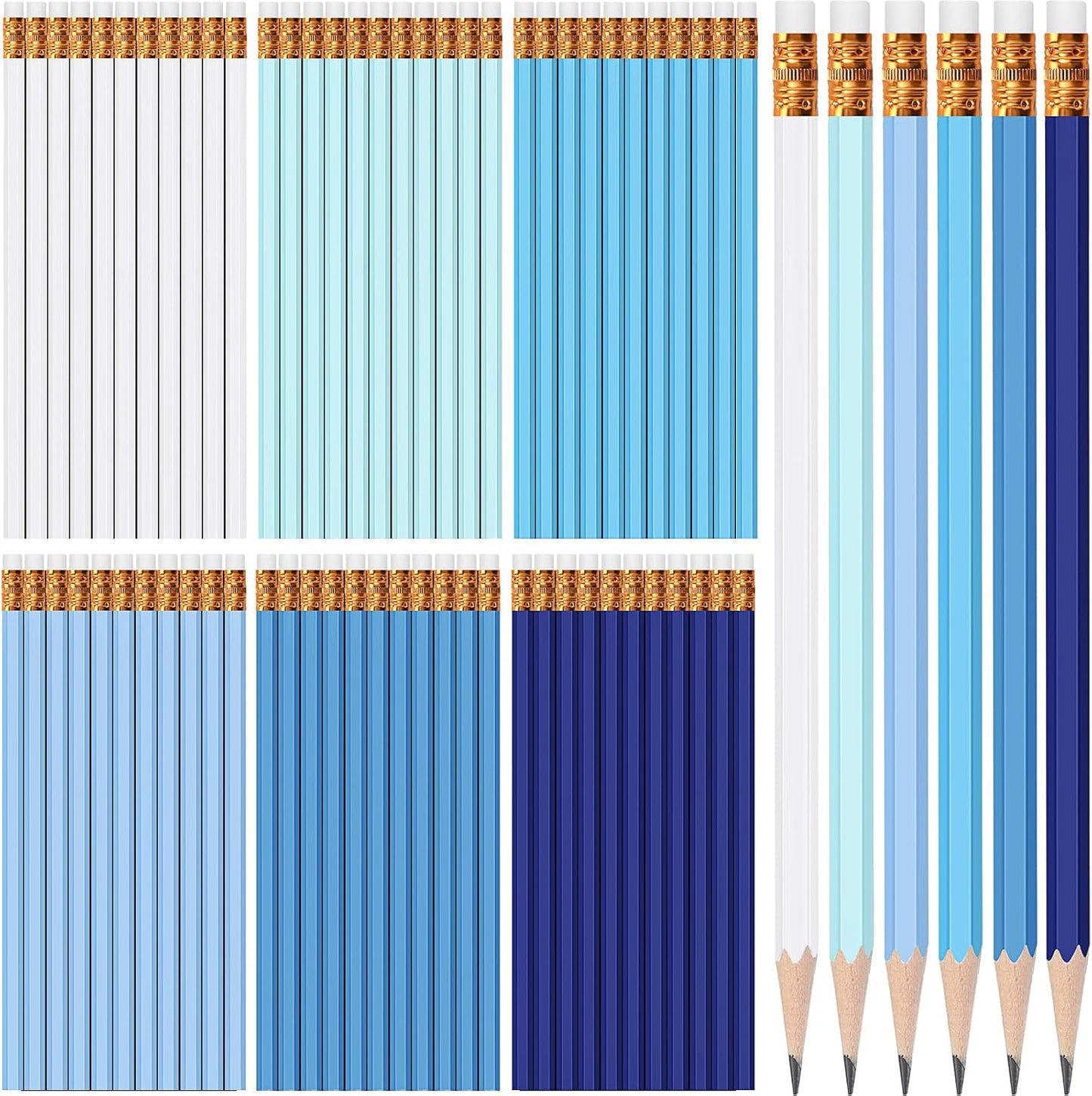 TecUnite 60 Pcs HB Pencils #2 Unsharpened Wood Cased Pencils with Eraser Hexagonal Pencil Cute Graphite No 2 Pen for Adults Gifts Exam School Office Sketching Learning(Blue Green Series, Gold)