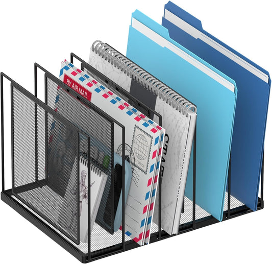 File Organizer for Desk, 5-Section Vertical File Sorter, Paper Holder Organizer Standing Metal File Folder for Office Home Classroom, Black