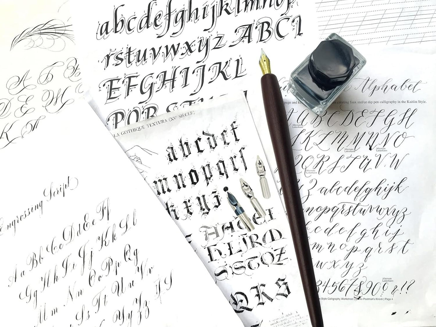 Plotube Wooden Pen Calligraphy Set - Dip Pen Gift Writing Case - Black Ink Bottle & Golden Holder & 11 Nibs and Beginner's Manual