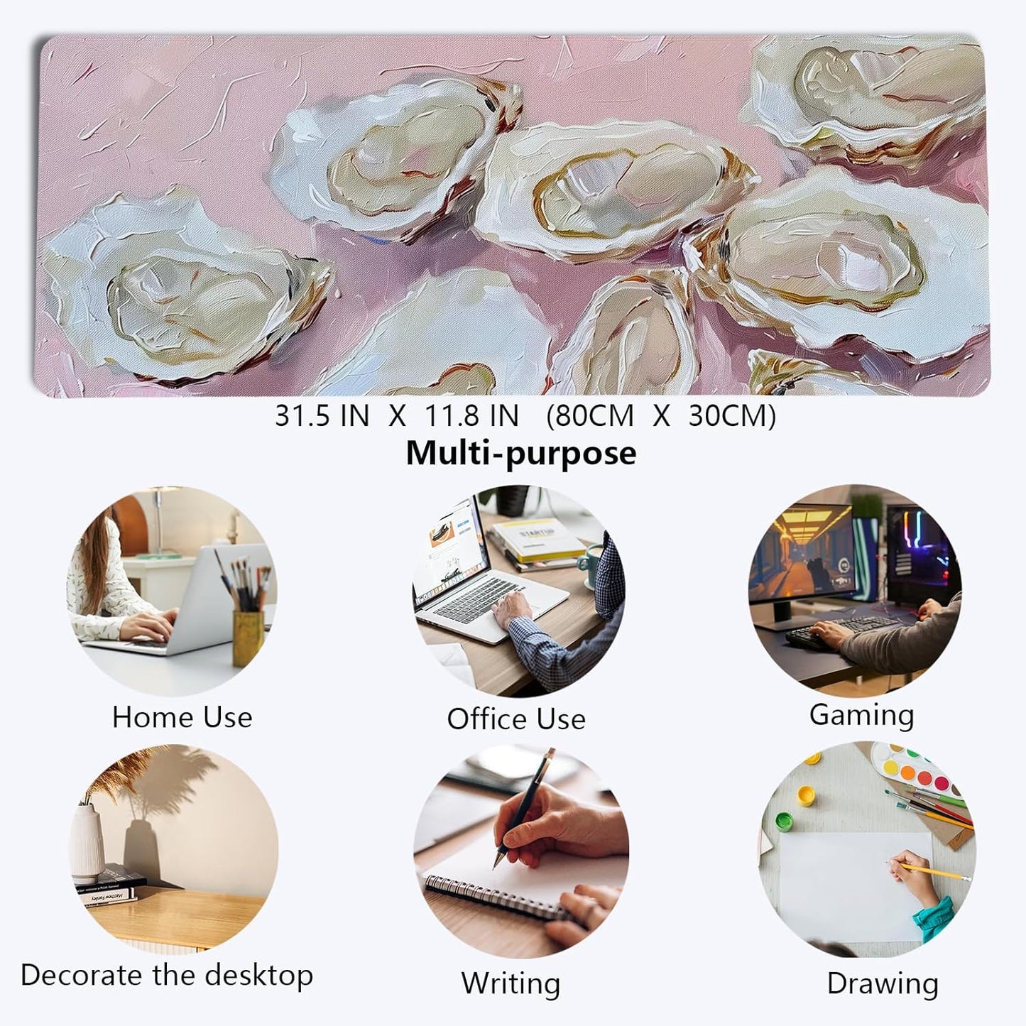 Pink Ocean Coastal Art Mouse Pad,Colorful Beachy Seashell Mouse Pad,XL Large Oyster Abstract Art Desk Mat,Girly Laptop Desk Mat,31.5x11.8 Inch