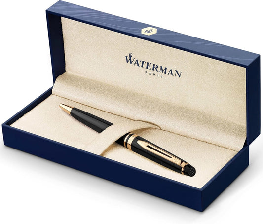 Waterman Expert Ballpoint Pen, Black with Golden Trim, Medium Tip, Blue Ink, Gift Box