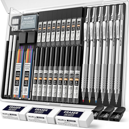 Nicpro 35PCS Silver Metal Mechanical Pencils Set in Case, Art Drafting Pencil 0.5, 0.7, 0.9 mm & 3PCS 2mm Graphite Lead Holder for Drawing Sketching With 20 Tube Lead Refills(6B 4B 2B HB 2H 4H Colors)