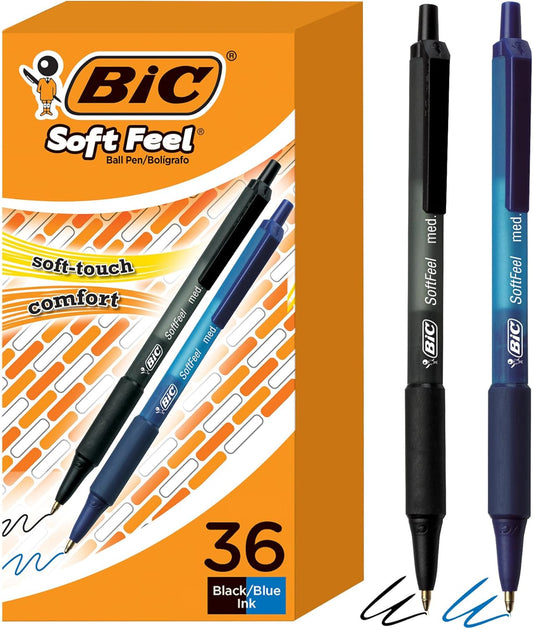 BIC Soft Feel Retractable Ballpoint Pen with 1.0 mm Medium Point and No-Slip Grip, 36-Count in Assorted Ink