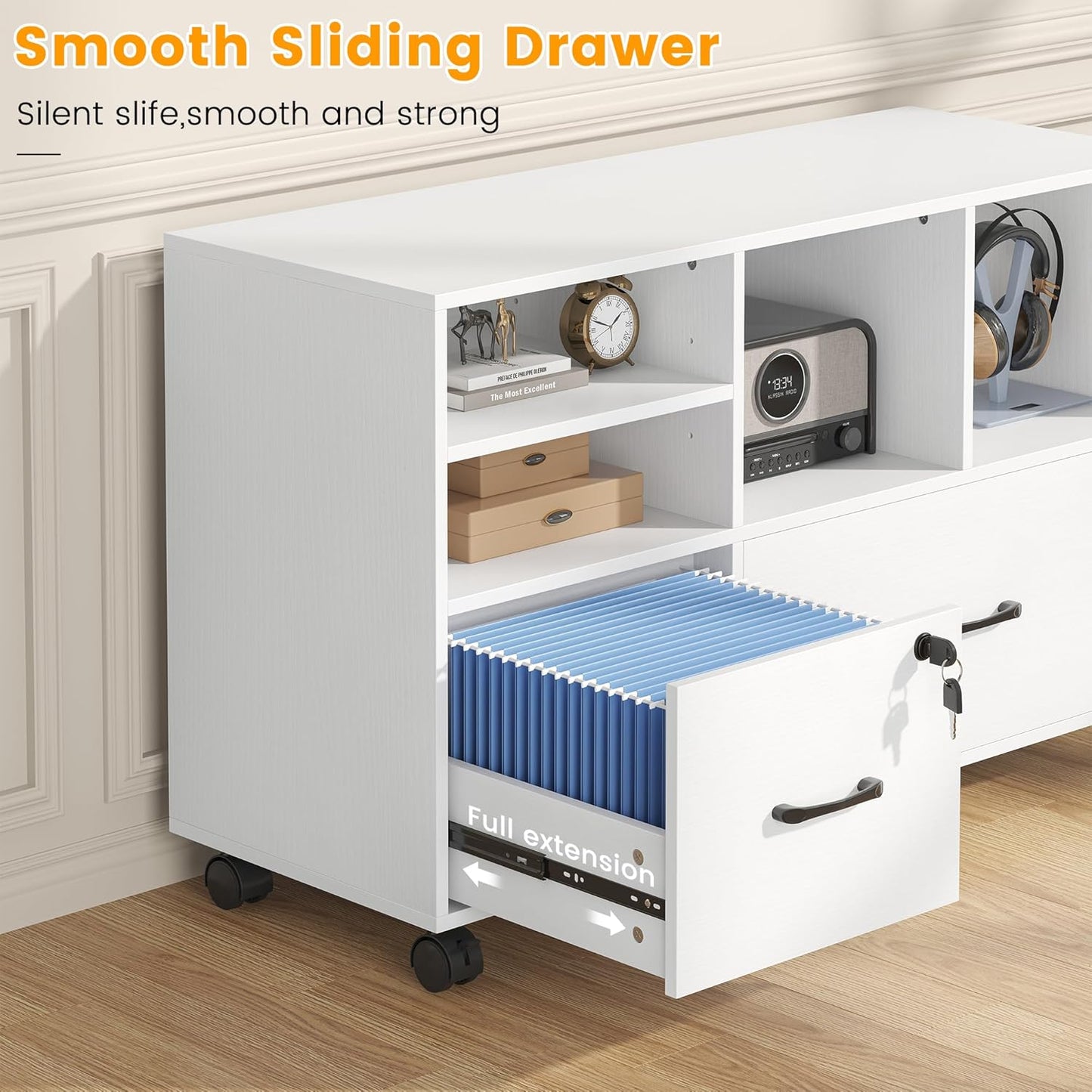 2 Drawer Wood Mobile Large Lateral File Cabinet with Lock, Lockable Rolling Filing Cabinet with Storage Shelves, Printer Stand Office Storage for Home Office Fits Files Legal/A4,White