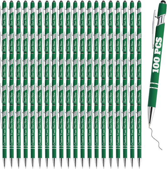 Personalized Pens Bulk 100 with Name Custom Engraving Ballpoint Pens with Stylus Tip Customized Smooth Writing Pens Personalized Gifts for Anniversary Birthday or Graduation(Dark Green,Black Ink)